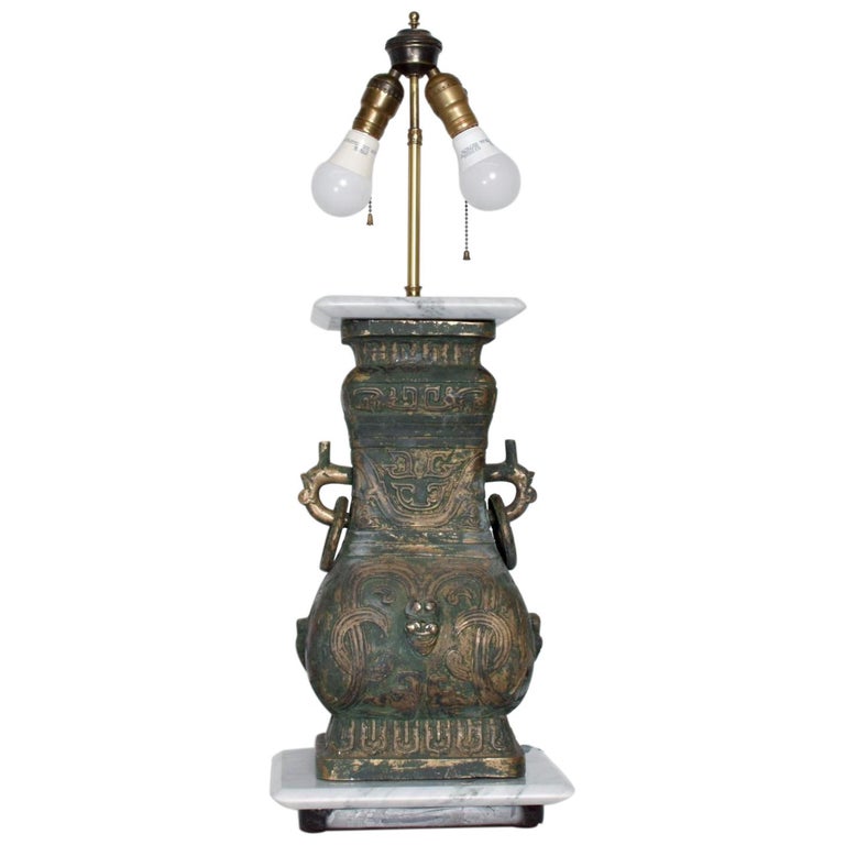 Oriental Baluster Lamp with Temple Lions James Mont Style Mid-Century Chinese Bronze Finish Table Lamp