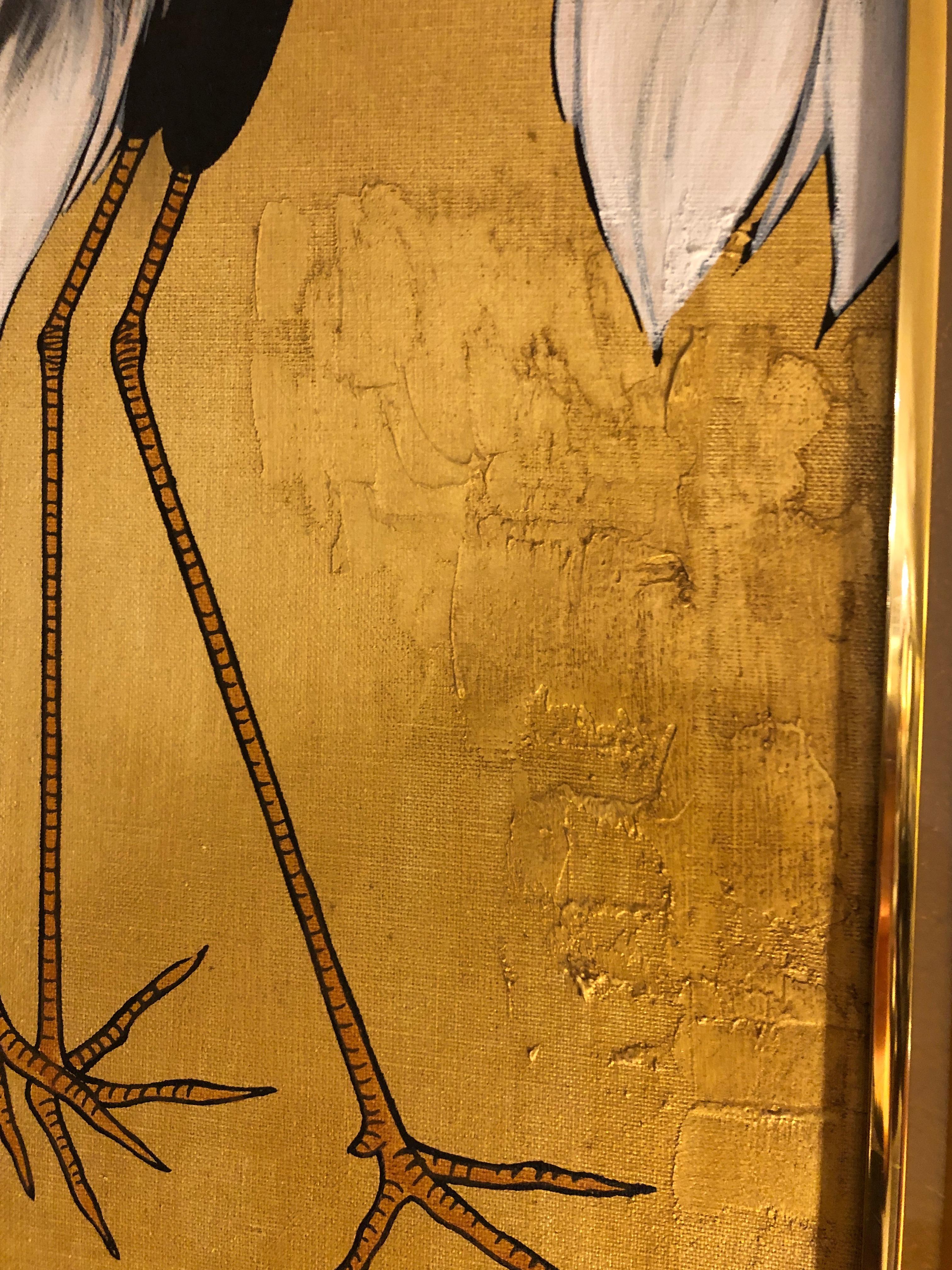Elegant Asian Triptych of Herons in Gold and Black 2