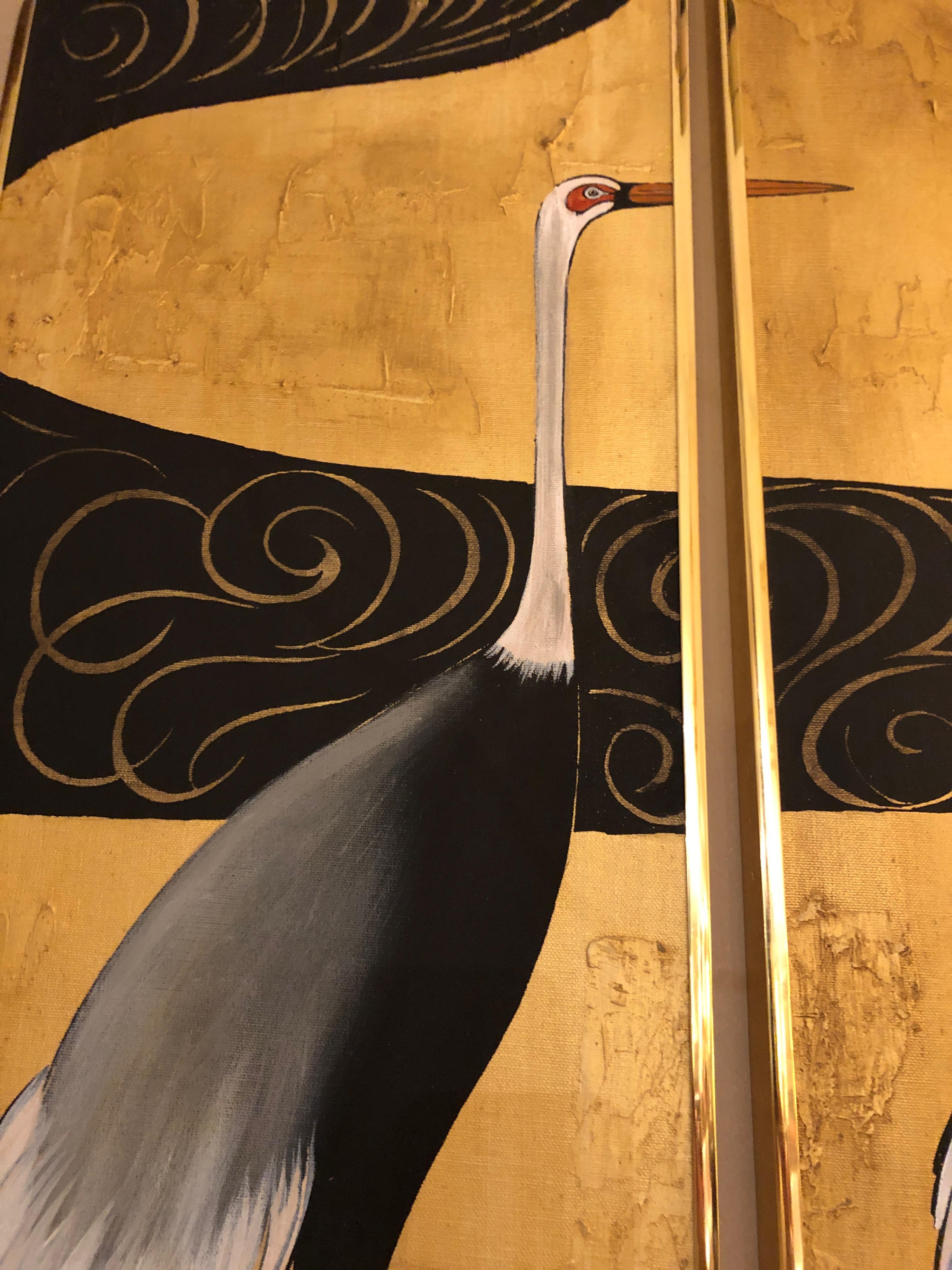 Elegant Asian Triptych of Herons in Gold and Black 3