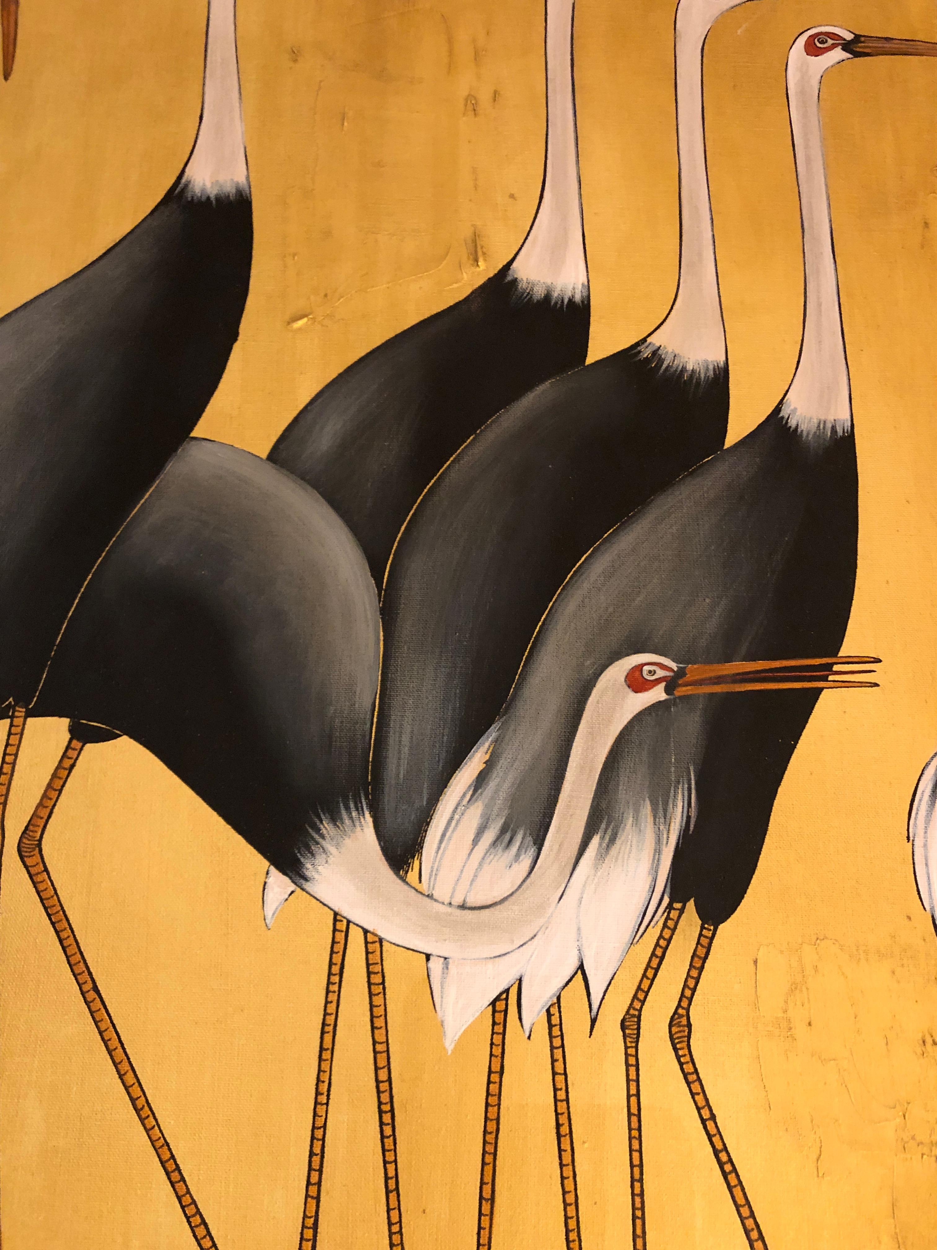 Elegant Asian Triptych of Herons in Gold and Black 4