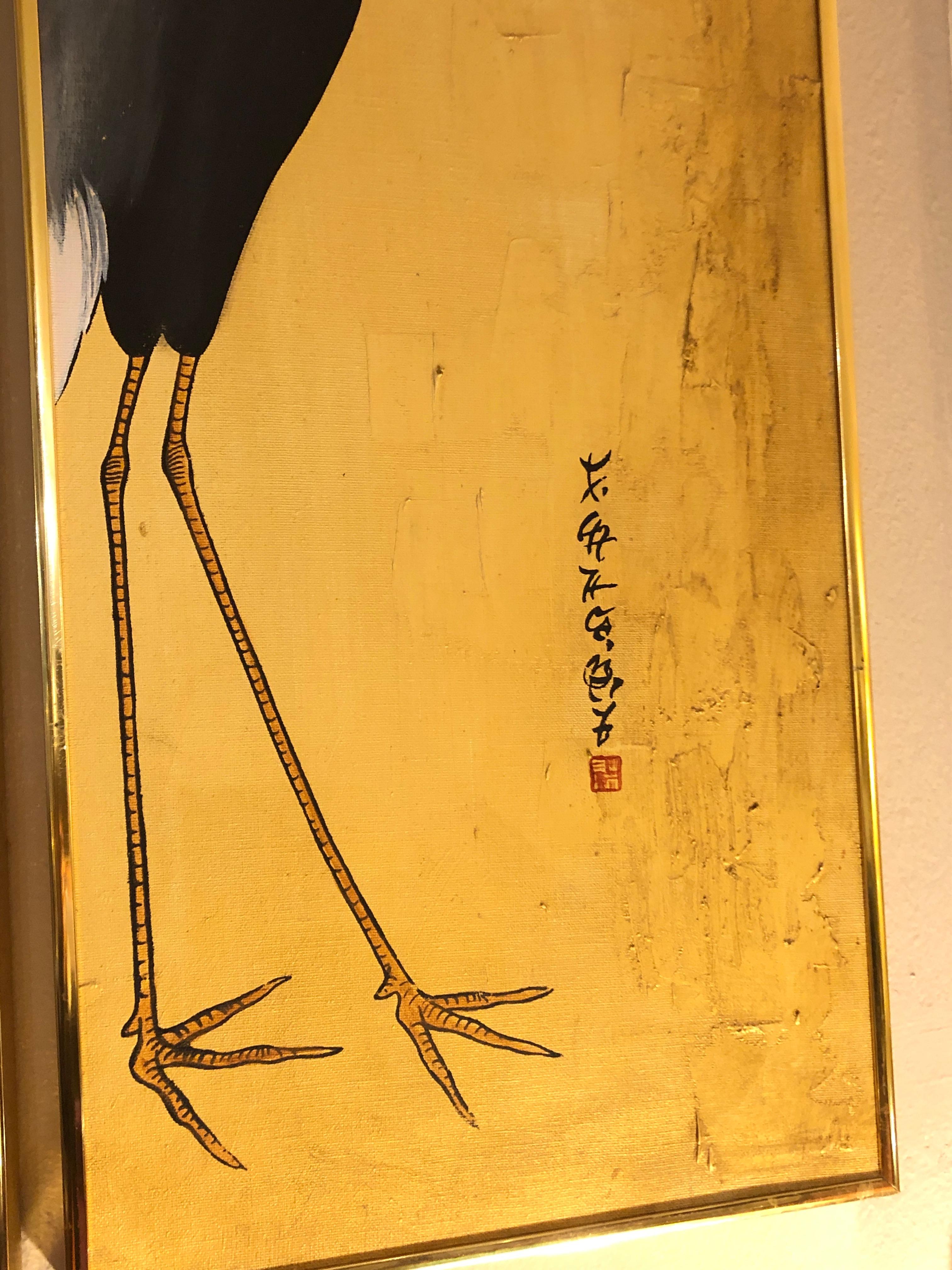 Mid-20th Century Elegant Asian Triptych of Herons in Gold and Black