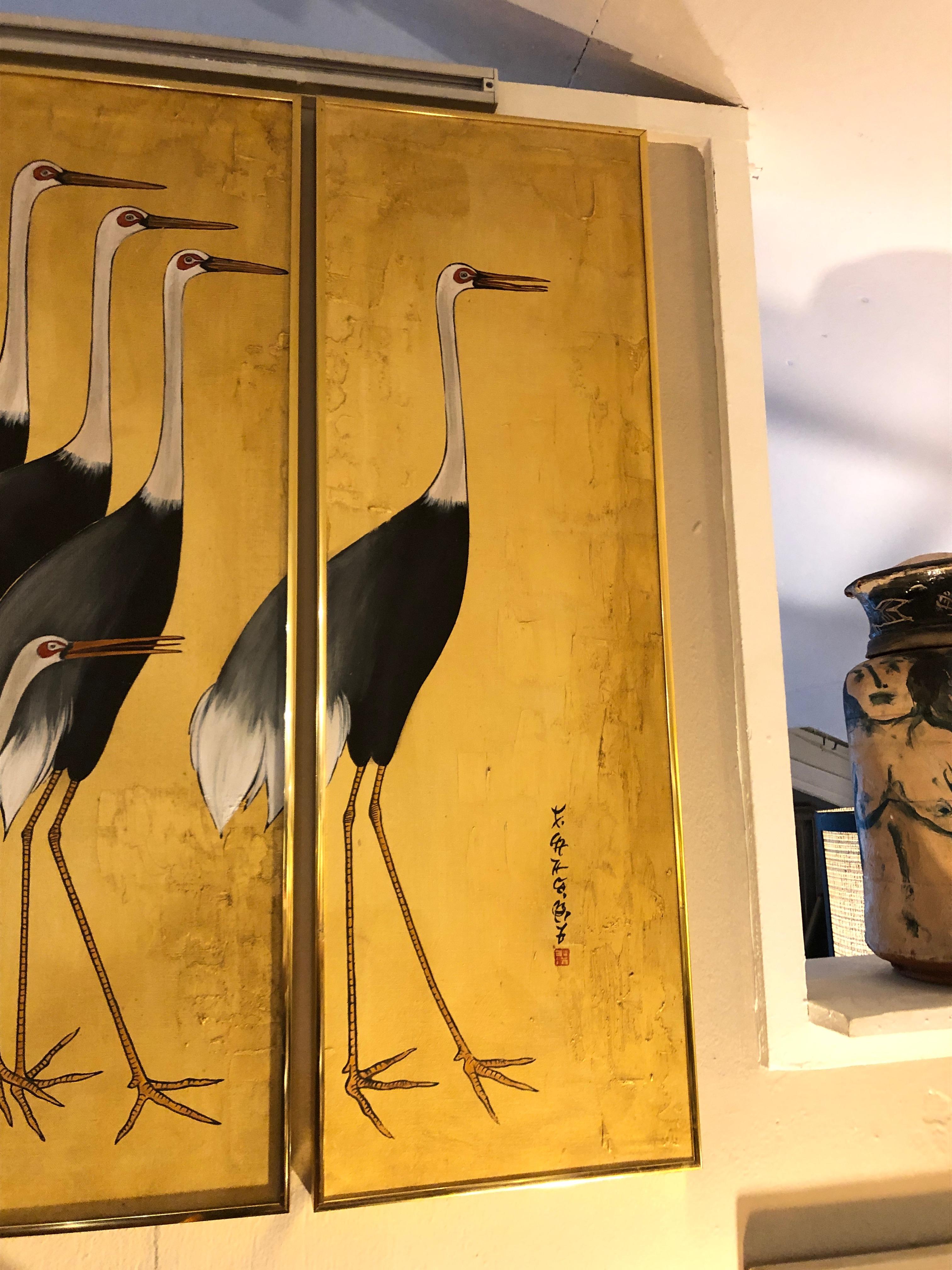 Paint Elegant Asian Triptych of Herons in Gold and Black