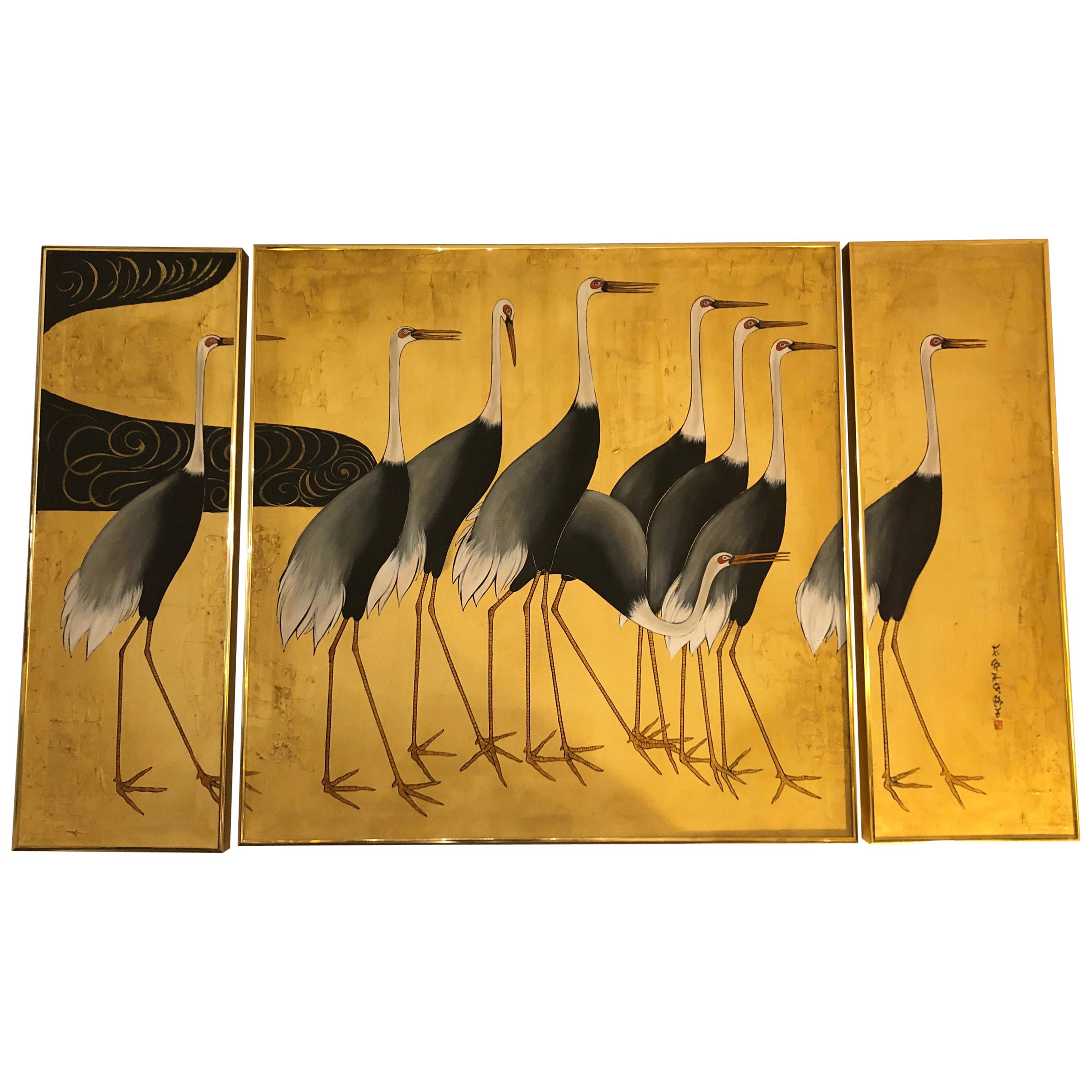 Elegant Asian Triptych of Herons in Gold and Black