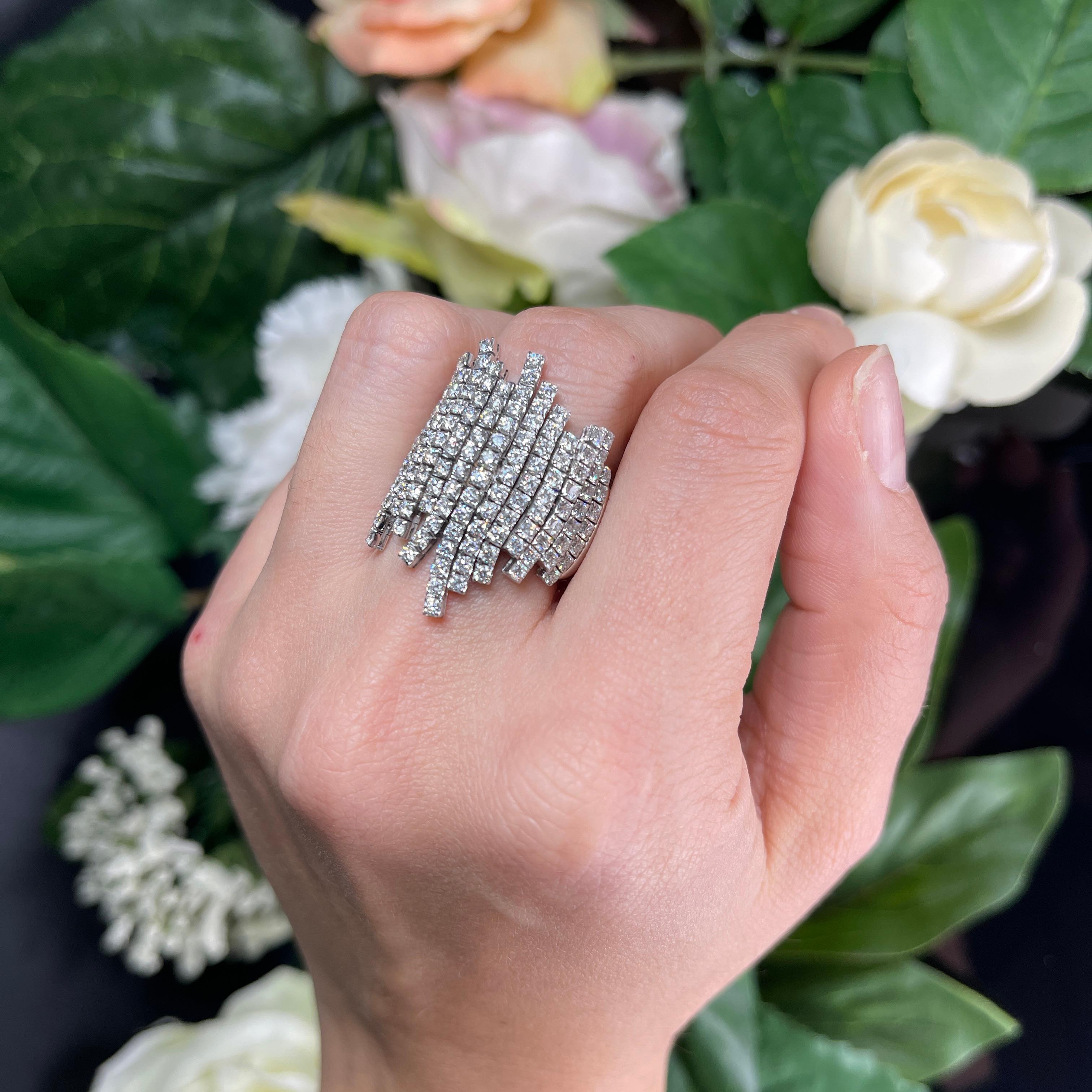 Elegant Asymmetrical White Gold Diamond Pave Ring For Sale 1