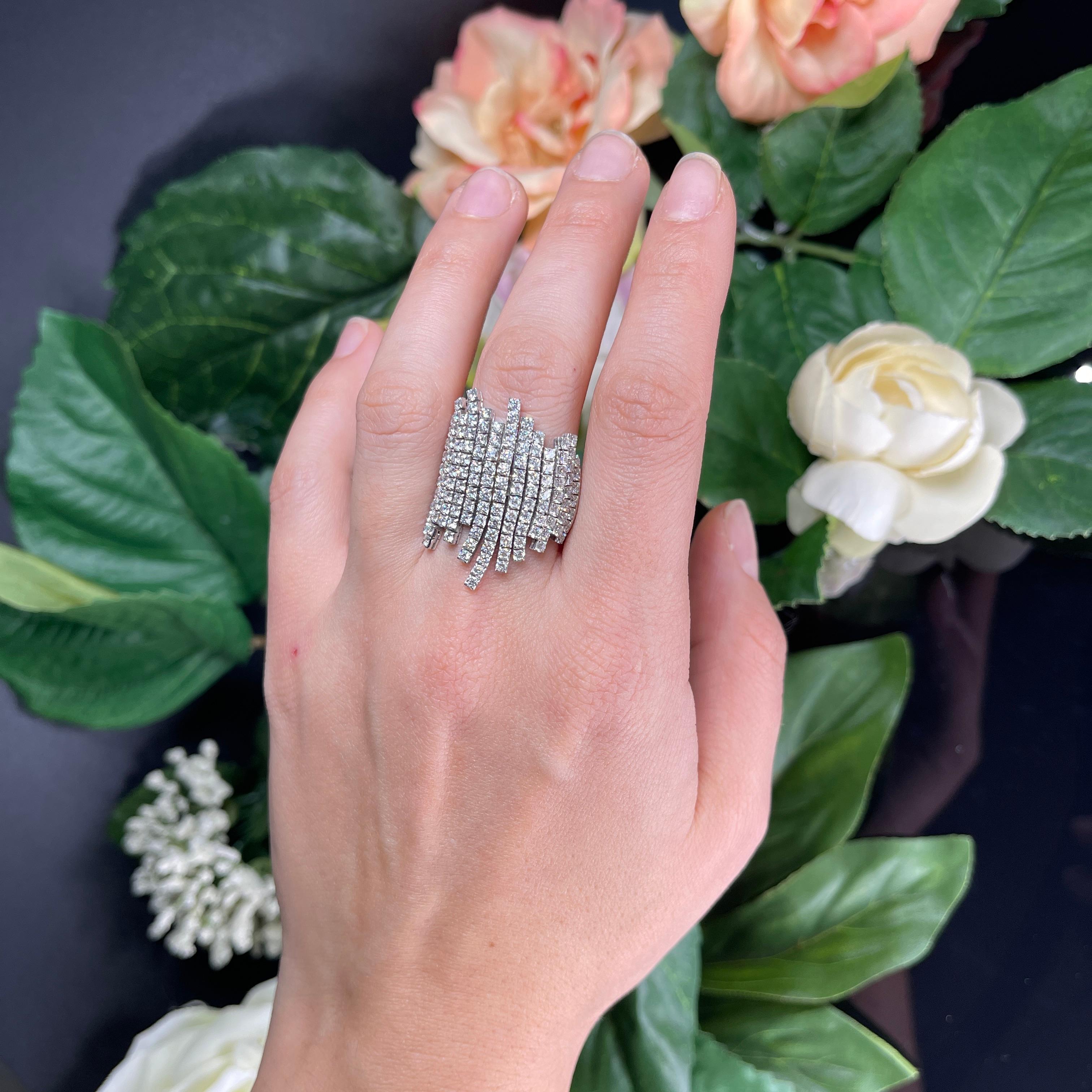 Elegant Asymmetrical White Gold Diamond Pave Ring For Sale 2
