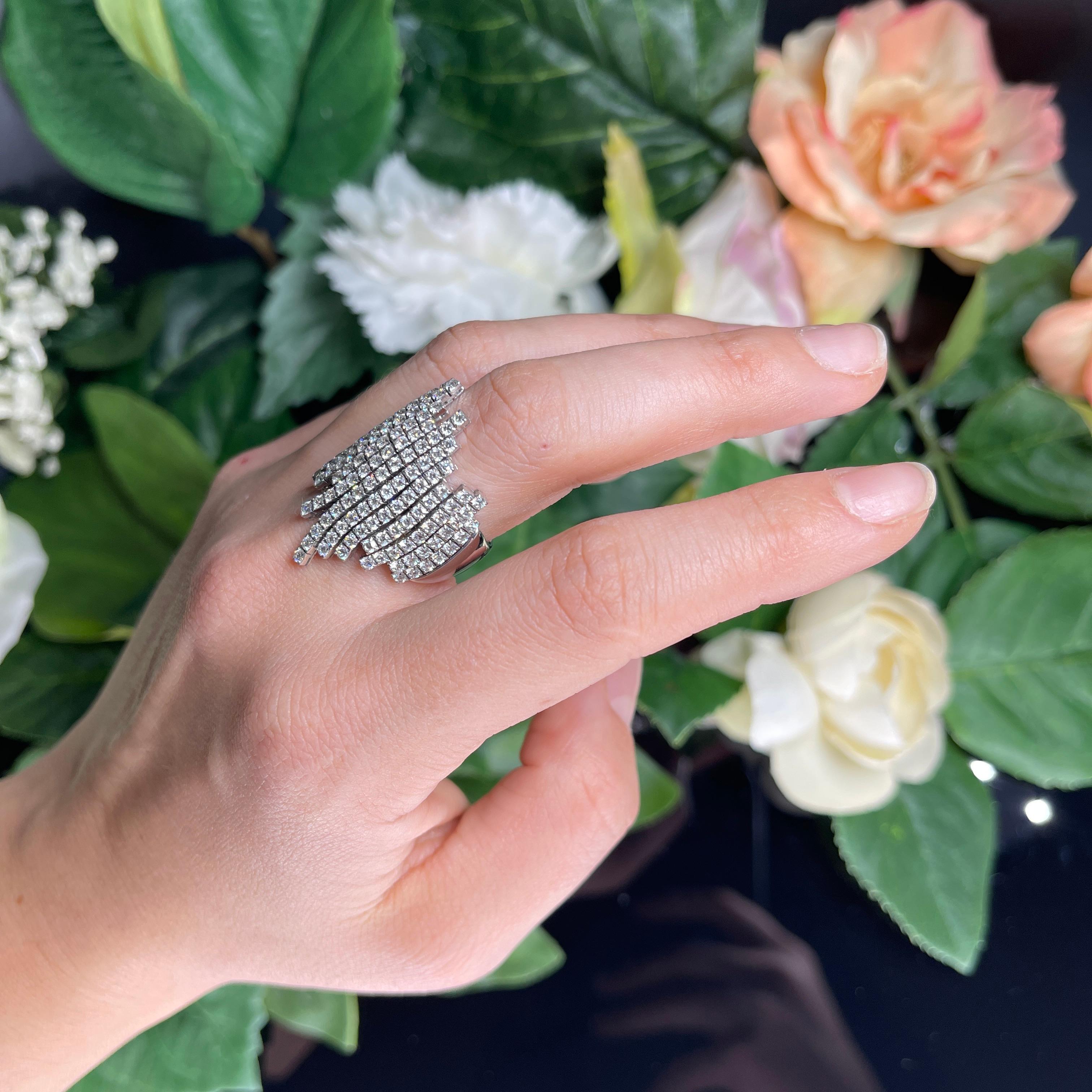 Elegant Asymmetrical White Gold Diamond Pave Ring For Sale 3