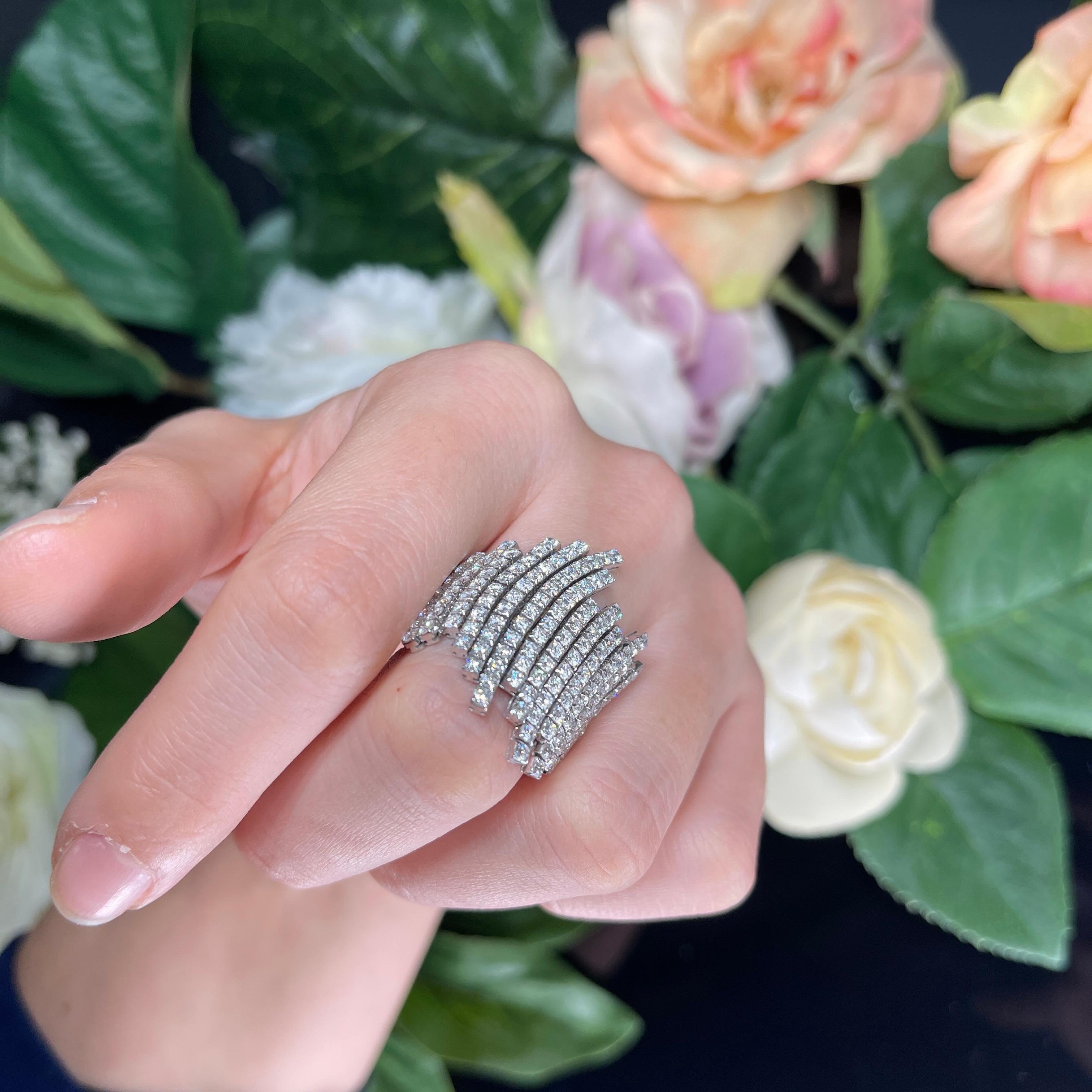 Elegant Asymmetrical White Gold Diamond Pave Ring For Sale 4