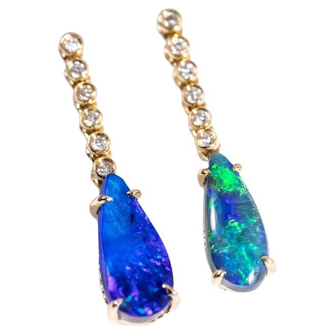 Elegant Australian Black Opal Diamond Drop Earrings in 18K Yellow Gold For Sale
