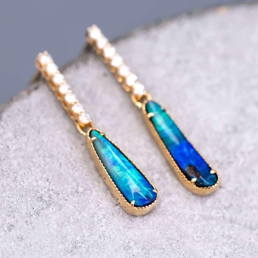 Arts and Crafts Elegant Australian Boulder Opal Diamond Drop Earrings in 18K Yellow Gold For Sale