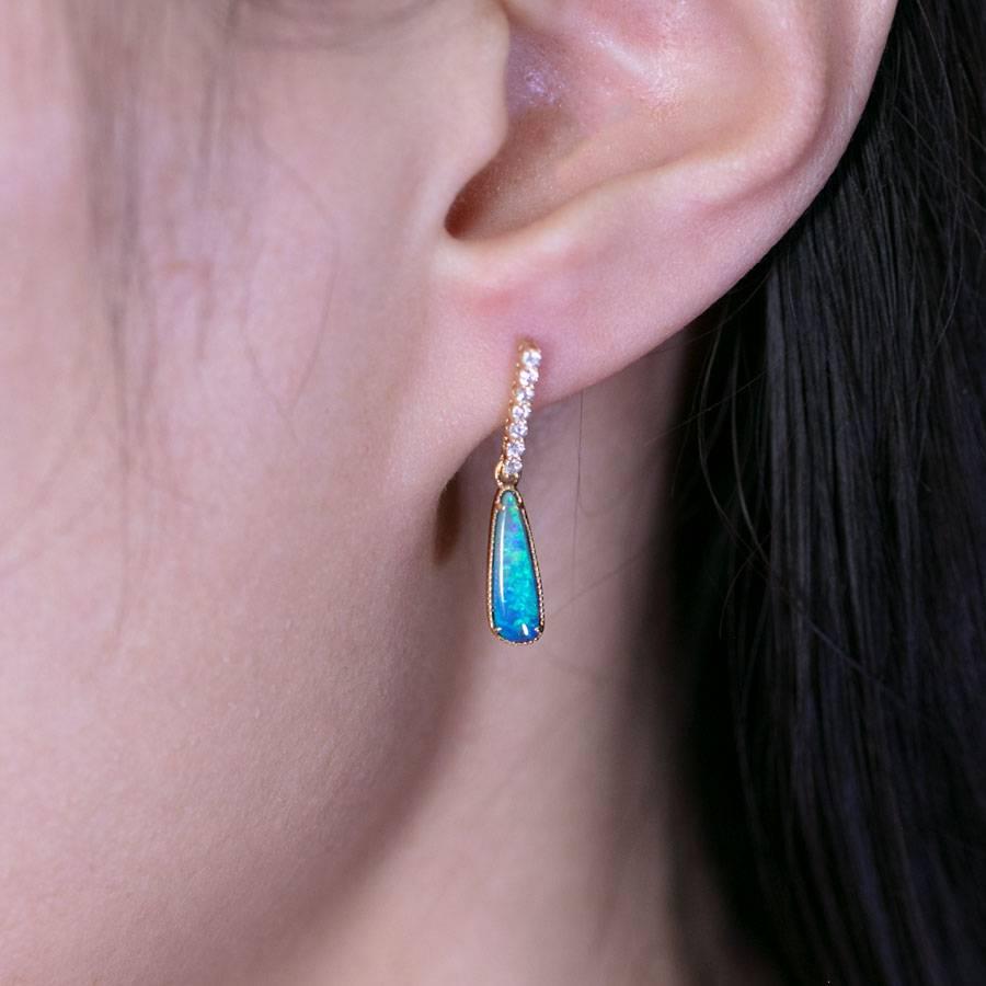 Brilliant Cut Elegant Australian Boulder Opal Diamond Drop Earrings in 18K Yellow Gold For Sale