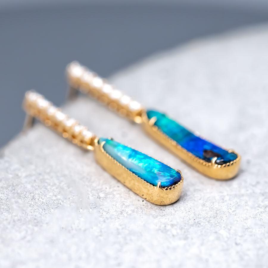 Elegant Australian Boulder Opal Diamond Drop Earrings in 18K Yellow Gold In New Condition For Sale In Suwanee, GA