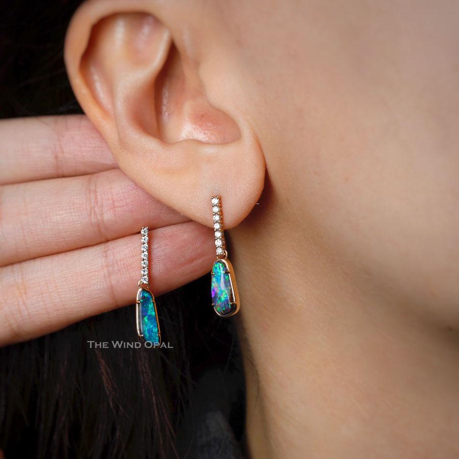 Women's or Men's Elegant Australian Boulder Opal Diamond Drop Earrings in 18K Yellow Gold For Sale
