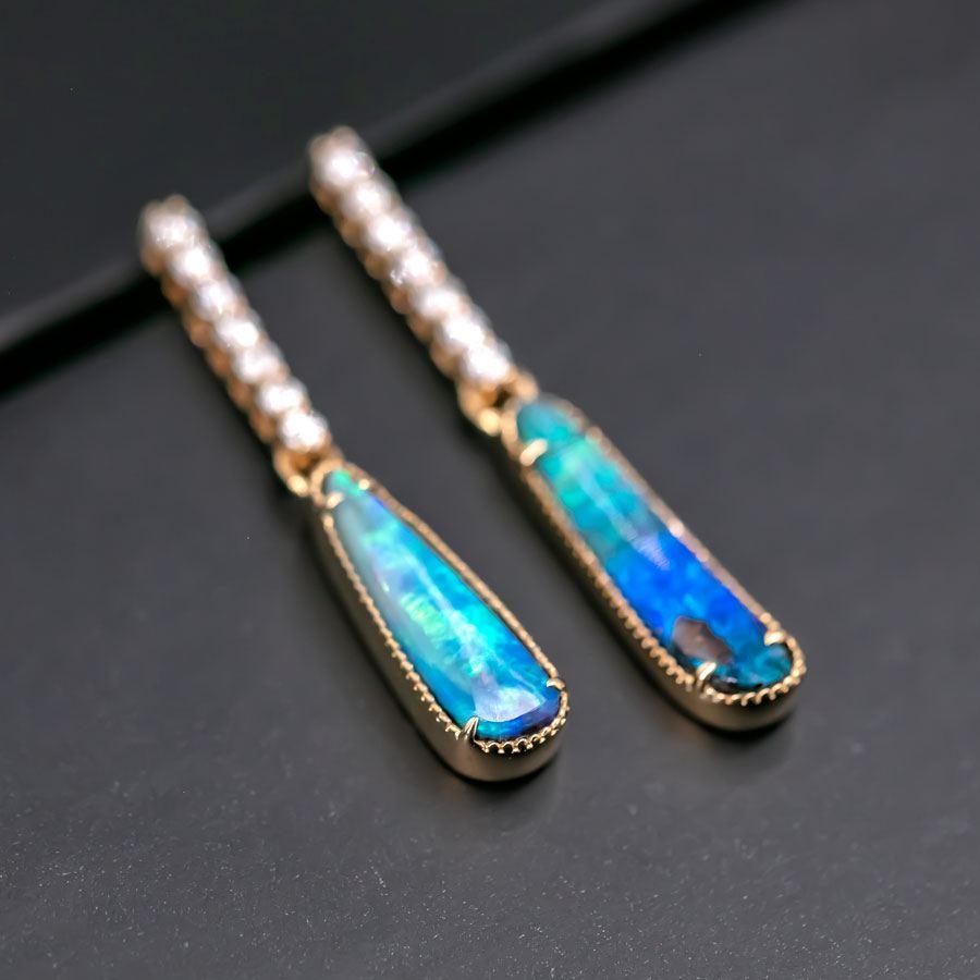 Elegant Australian Boulder Opal Diamond Drop Earrings in 18K Yellow Gold For Sale 1