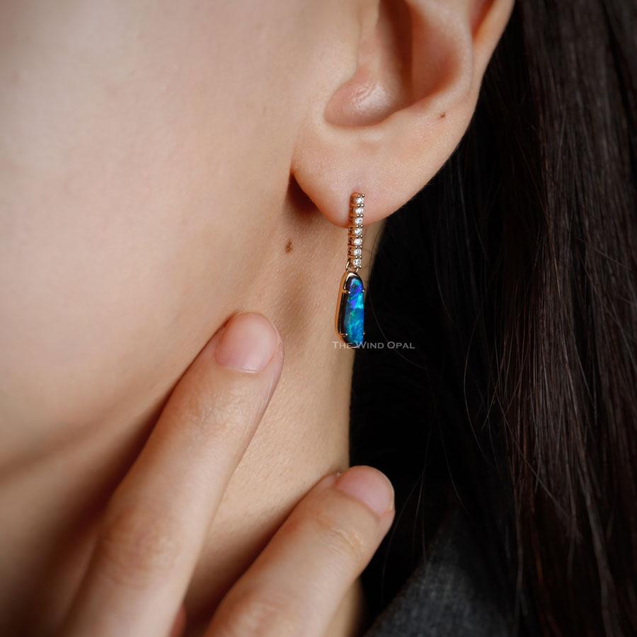 Elegant Australian Boulder Opal Diamond Drop Earrings in 18K Yellow Gold For Sale 2