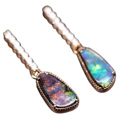 Elegant Australian Boulder Opal Diamond Drop Earrings in 18K Yellow Gold