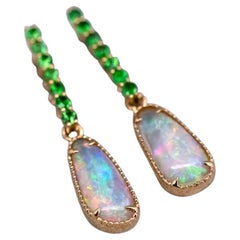 Elegante Australische Opal Fossil Muschel & Tsavorit Tropfen Ohrringe 18K Gelbgold