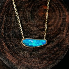 Elegant Australian Solid Opal Diamond Necklace 14k Yellow Gold