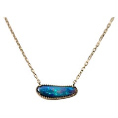 Elegant Australian Solid Opal Diamond Necklace 14k Yellow Gold