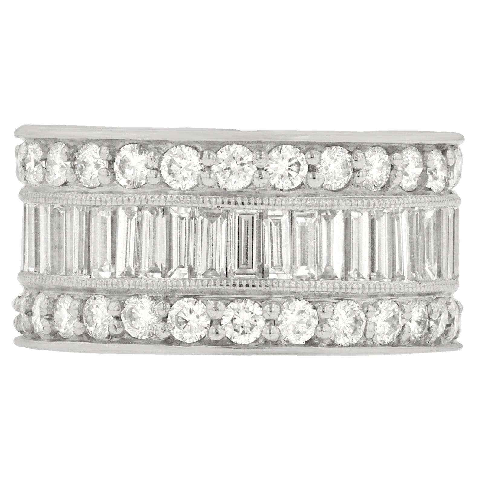 Elegant Baguette and Round Diamond Three-Row Band For Sale