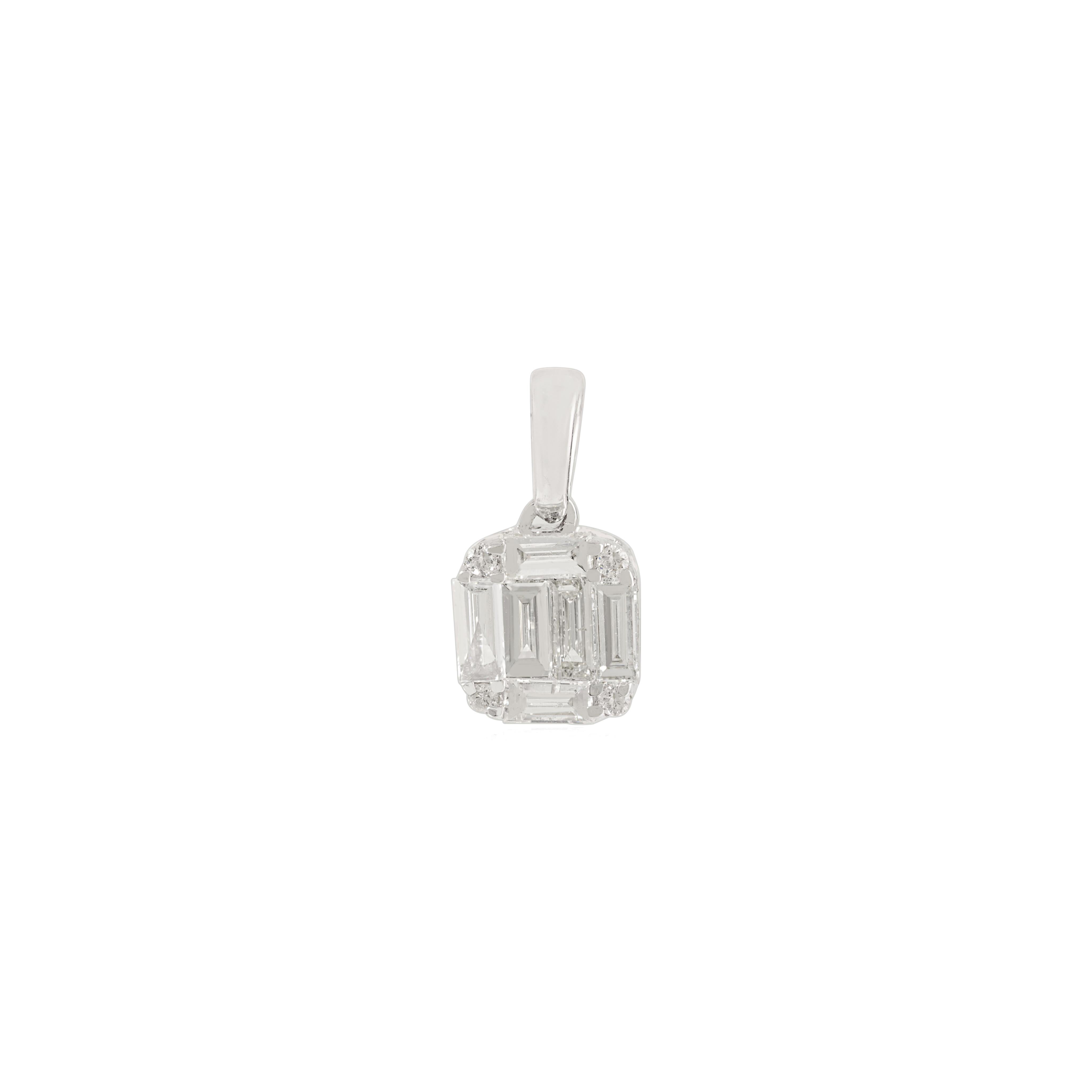 Eleganter Baguette- und Rundschliff-Diamant-Cluster-Anhänger aus massivem 18-karätigem Weißgold im Angebot 3