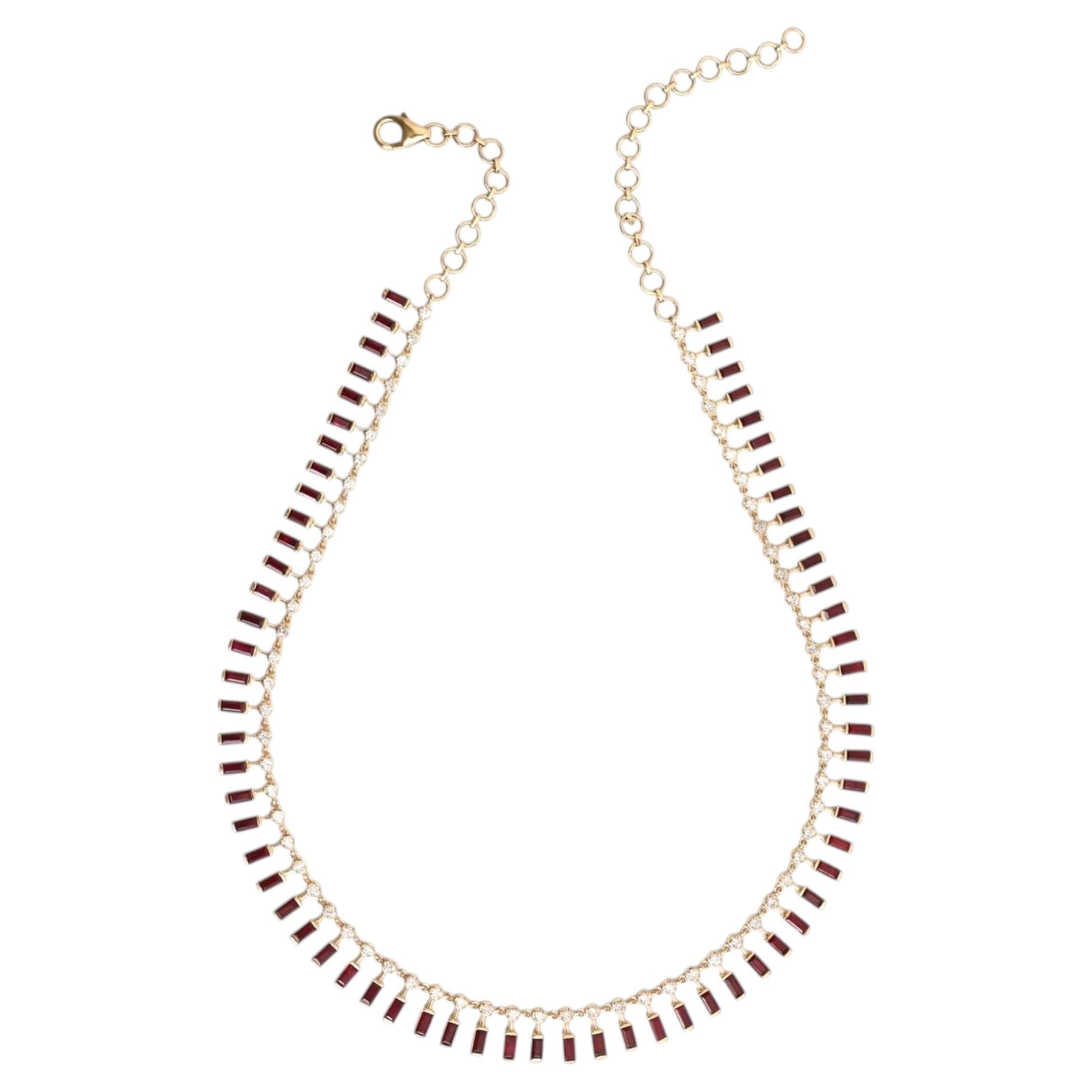 Baguette Ruby 18K Natural Diamond Yellow Gold Necklace For Sale