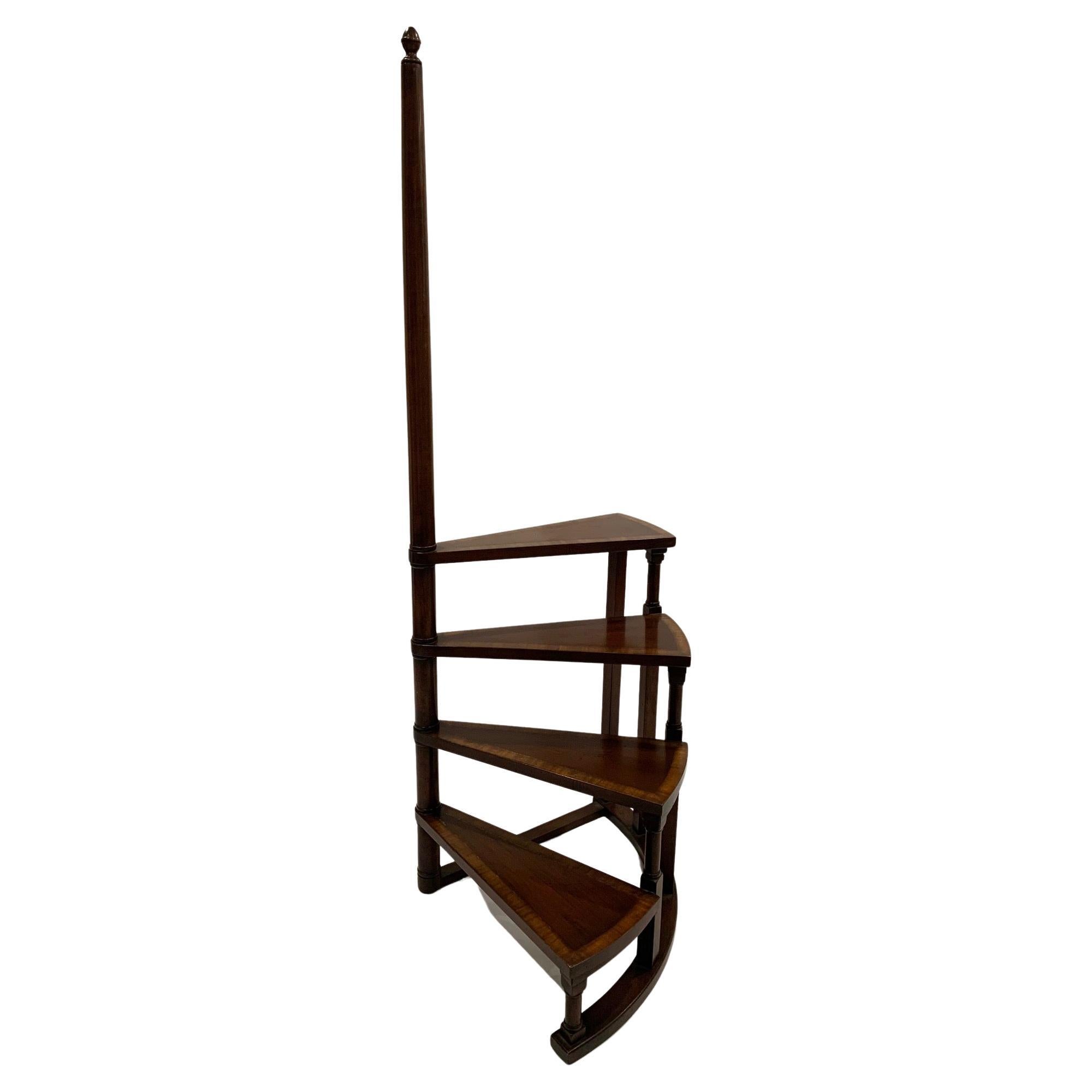 Elegant Banded Mahogany Spiral Library Steps Etagere