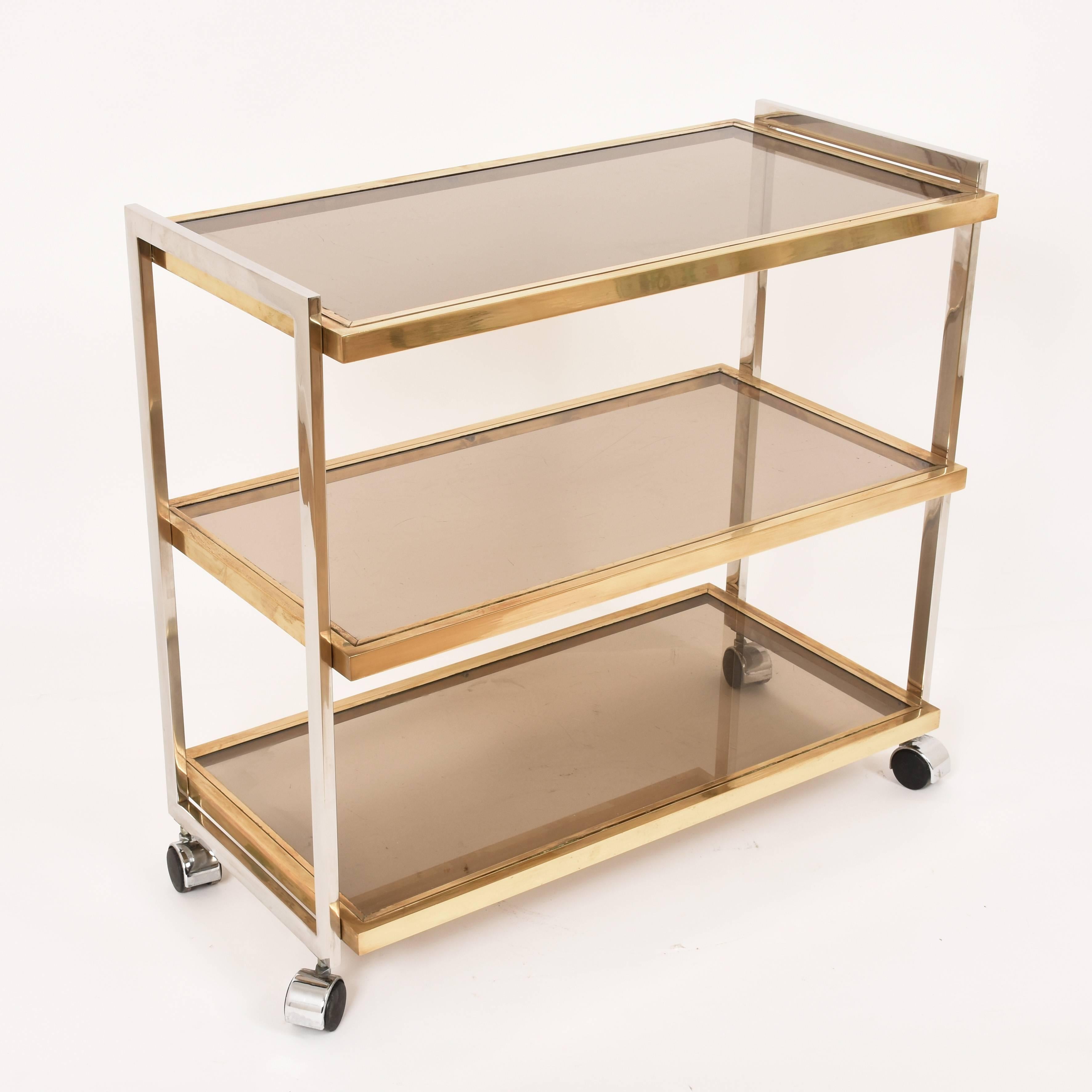 Italian Elegant Bar Cart in Brass and Chrome Three Glass Shelves, Rega Style, Italy