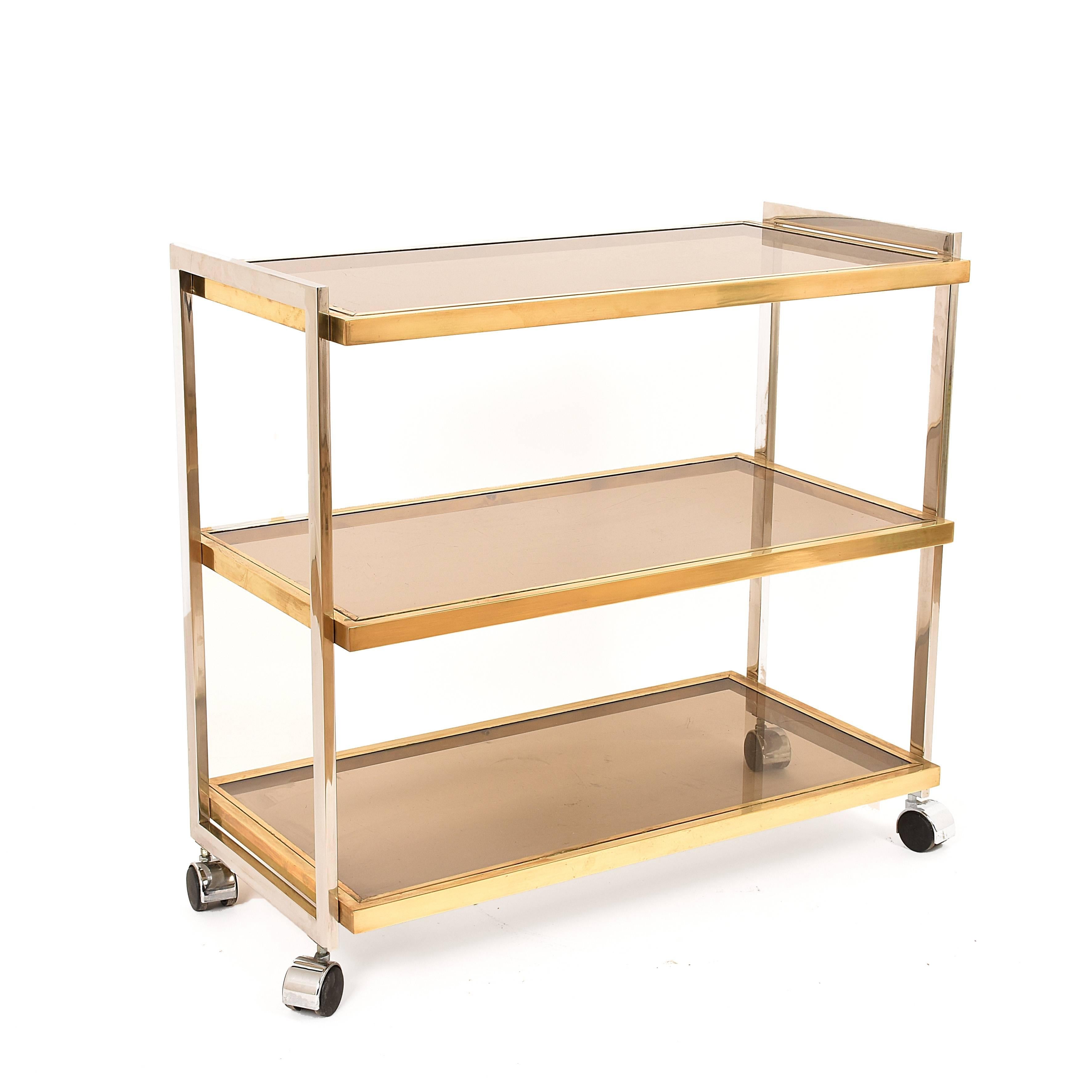 Elegant Bar Cart in Brass and Chrome Three Glass Shelves, Rega Style