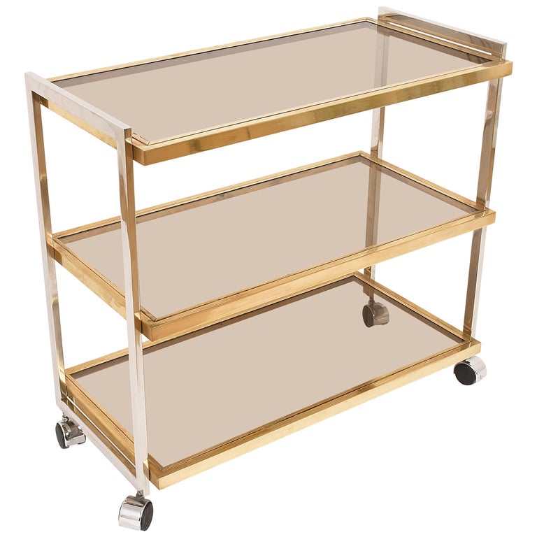 Elegant Bar Cart in Brass and Chrome Three Glass Shelves, Rega Style