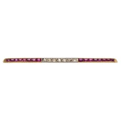 Antique Elegant bar golden brooch with rubies and diamonds, Spain, circa 1940s.