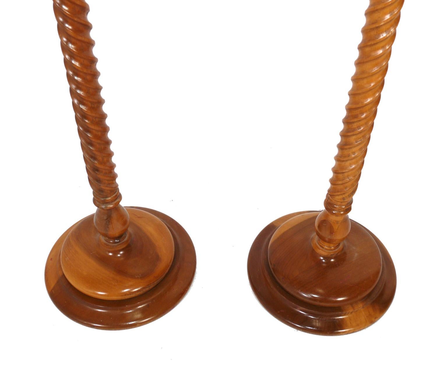 Pair of Elegant Barley Twist Wood Floor Lamps, English, circa 1990s. They have been rewired and are ready to use. The price noted includes the shades. 