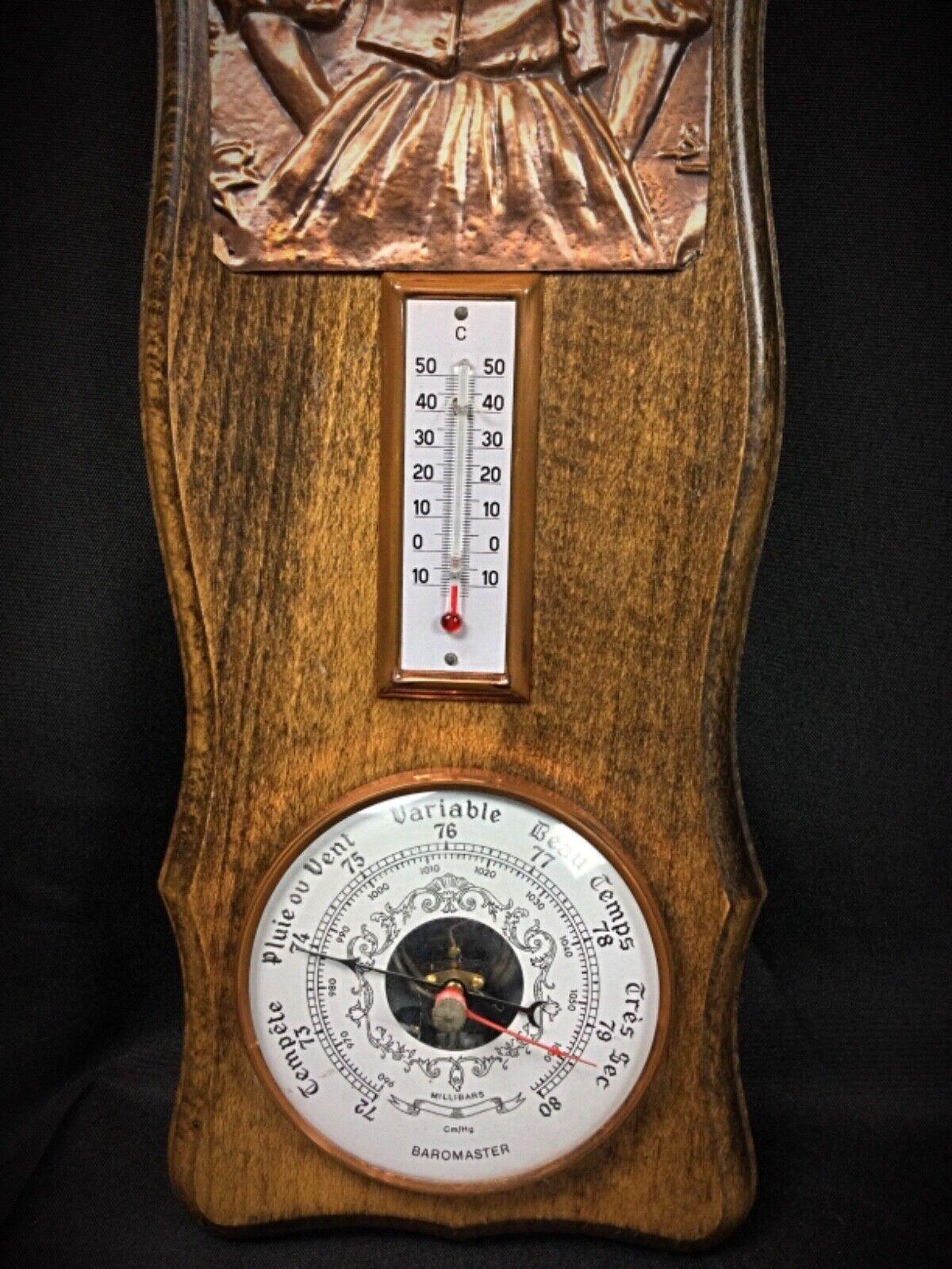 French Elegant Barometer and Thermometer with Copper Bas-Relief of a Woman - 2Y64 For Sale