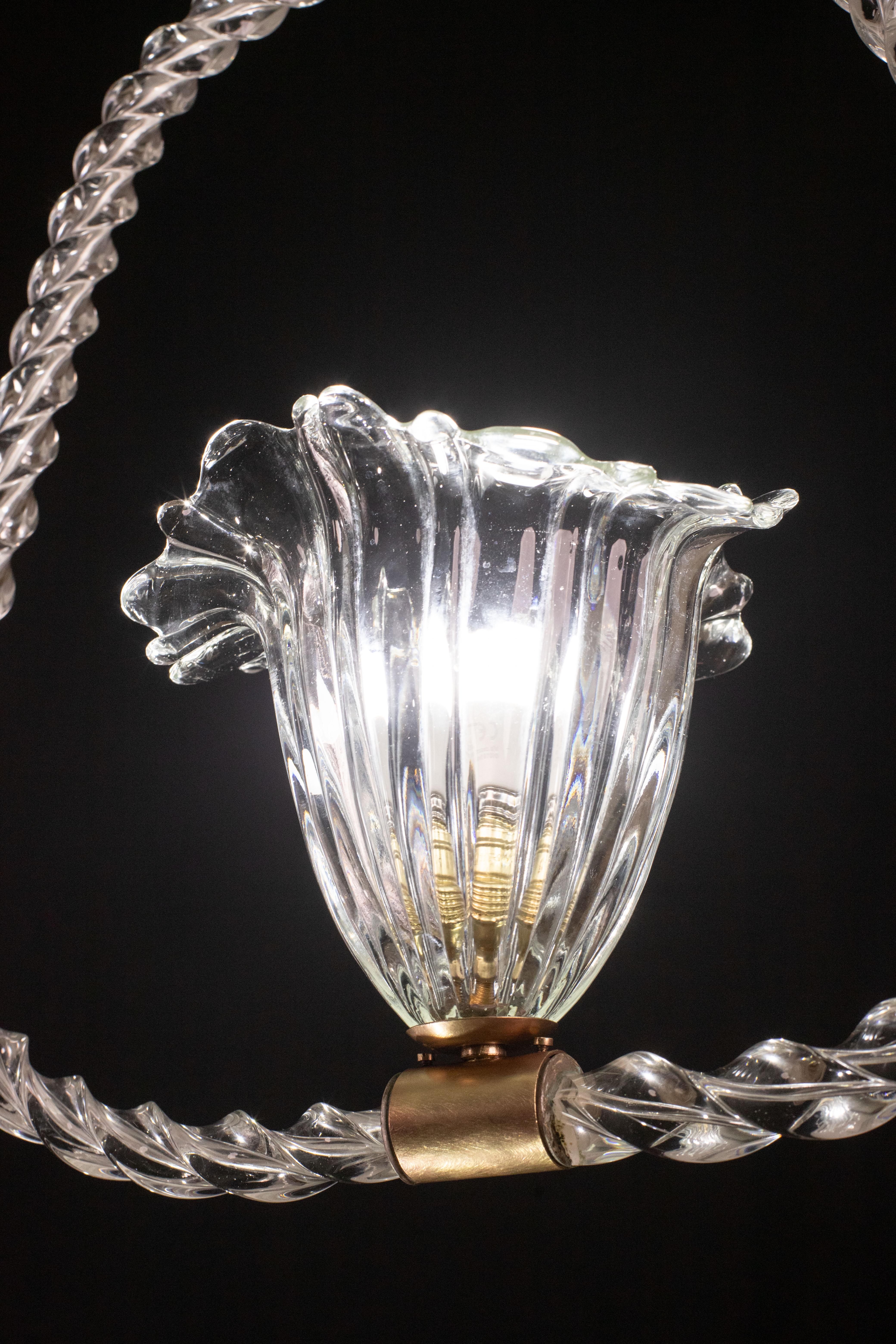 Elegant Barovier and Toso Chandelier with Torch Glass, 1940s For Sale 5
