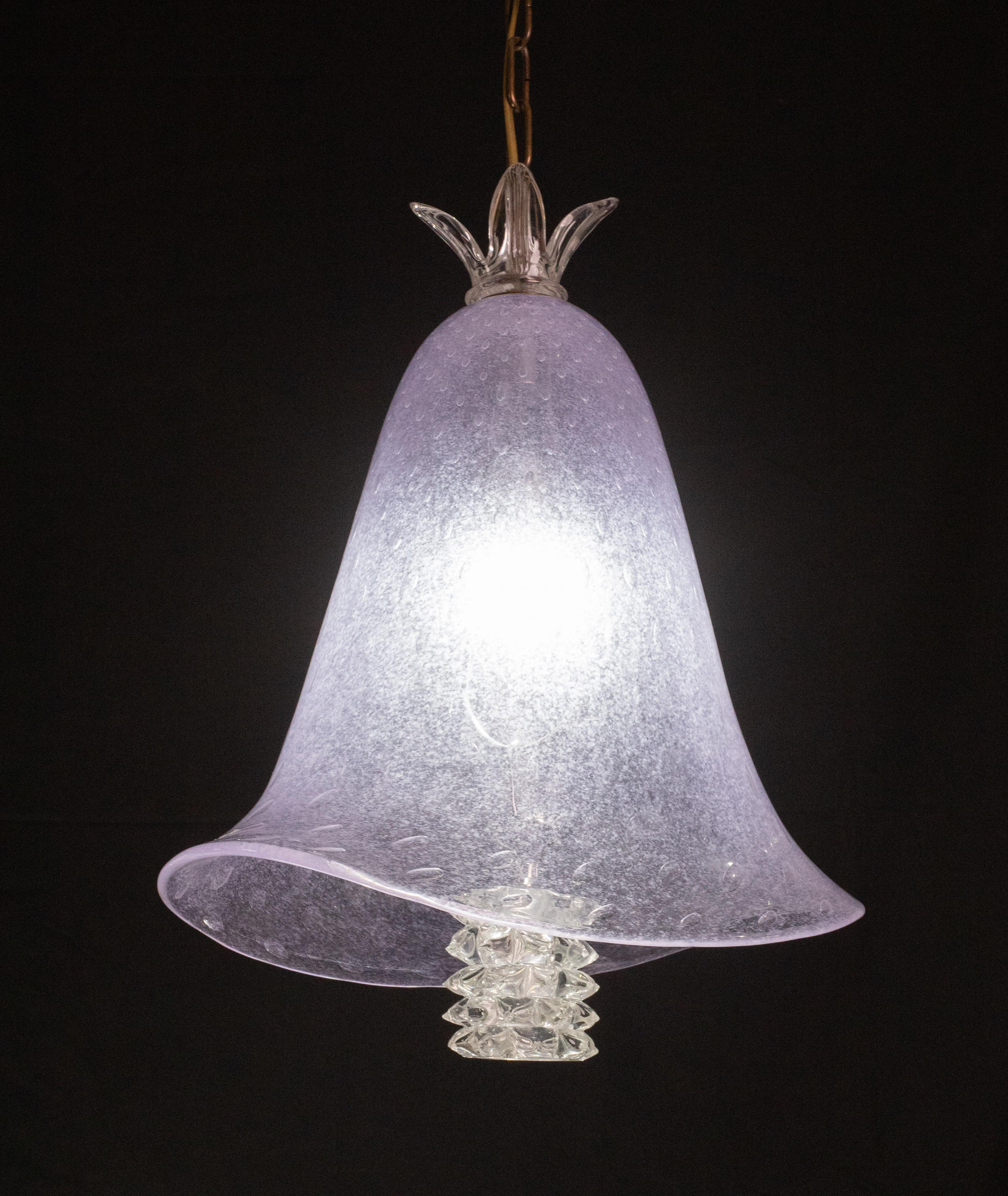 Extraordinary Murano chandelier Made by the Barovier and Toso glassworks, documented by signature on the light.

The lantern is transparent color tending to purple, glass with bubble technique, decorated with a top glass and a rostral glass element