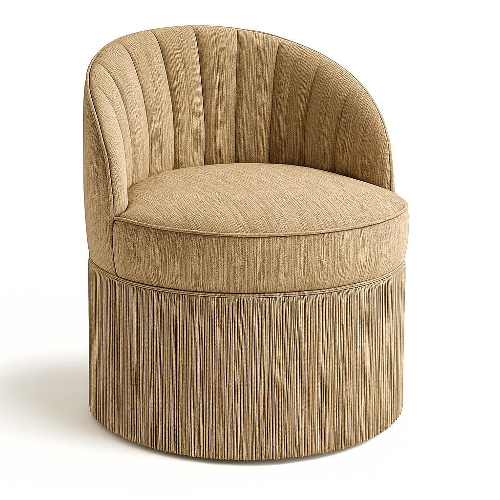 Mid-Century Modern Elegant Barrel Accent Chair with Fringe Skirt & Optional Swivel Base