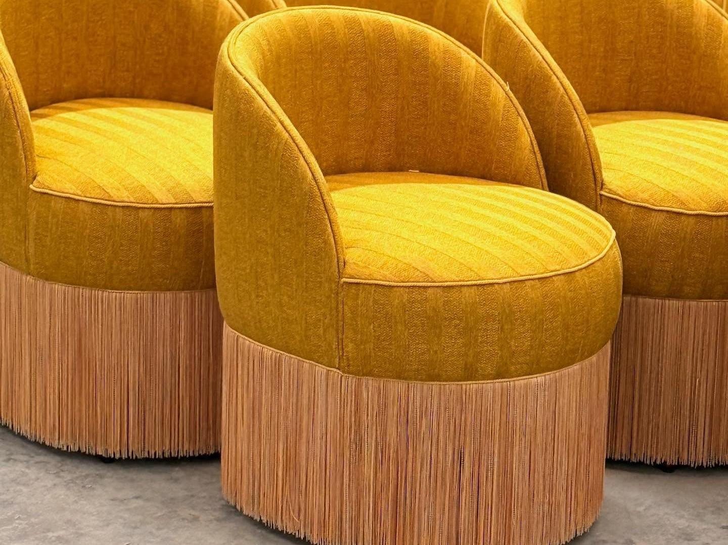 Portuguese Elegant Barrel Accent Chair with Fringe Skirt & Optional Swivel Base