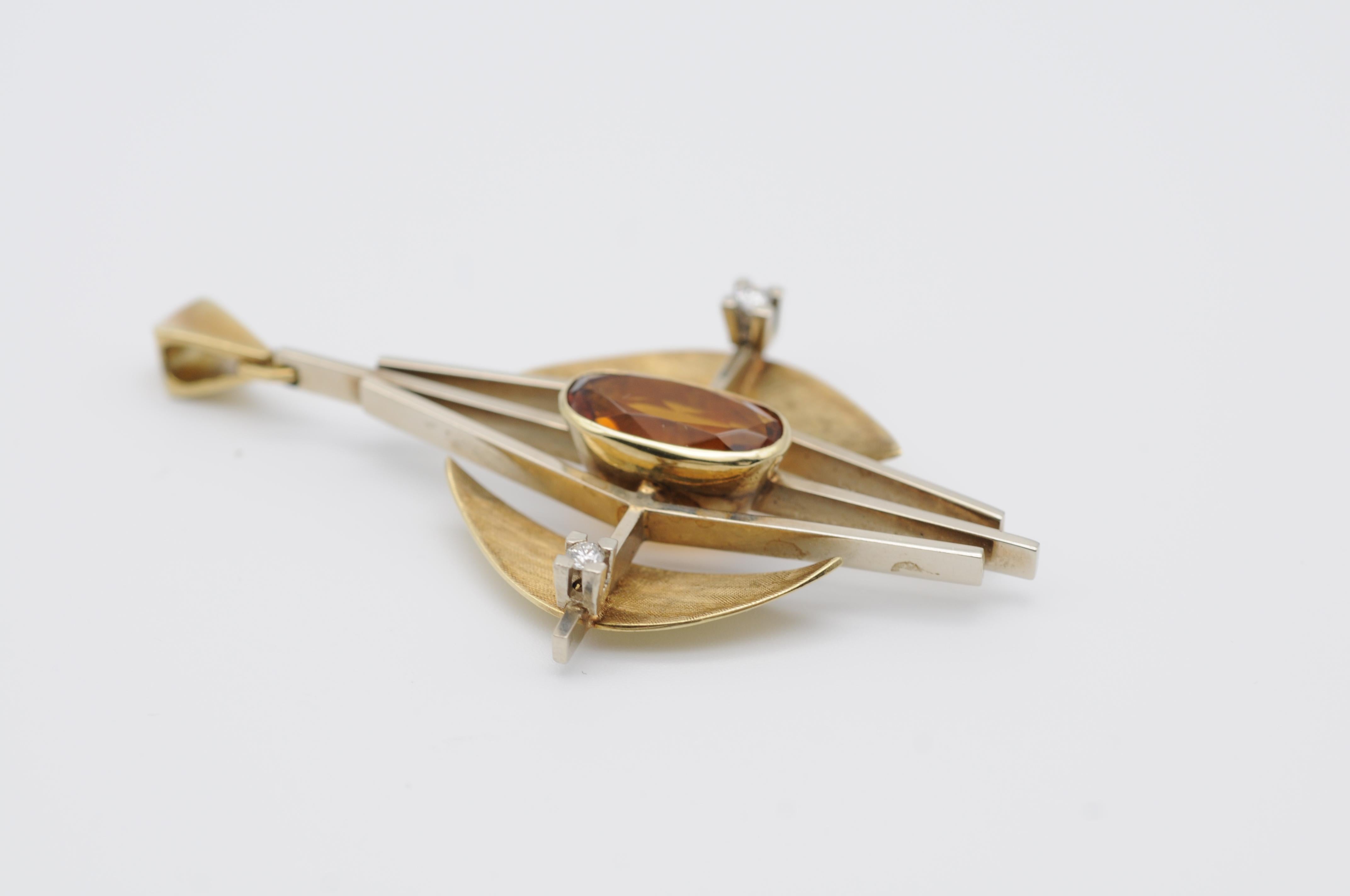 Eleganter Bauhaus-Anhänger, Bicolor 14k Gold, Citrin für Damen oder Herren