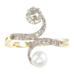 Elegant Belle Epoque Diamond and Pearl Engagement Ring so Called Toi et Moi