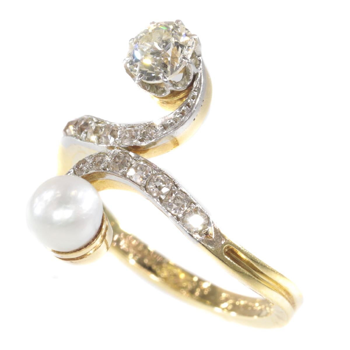 Belle Époque Elegant Belle Epoque Diamond and Pearl Engagement Ring so Called Toi et Moi For Sale