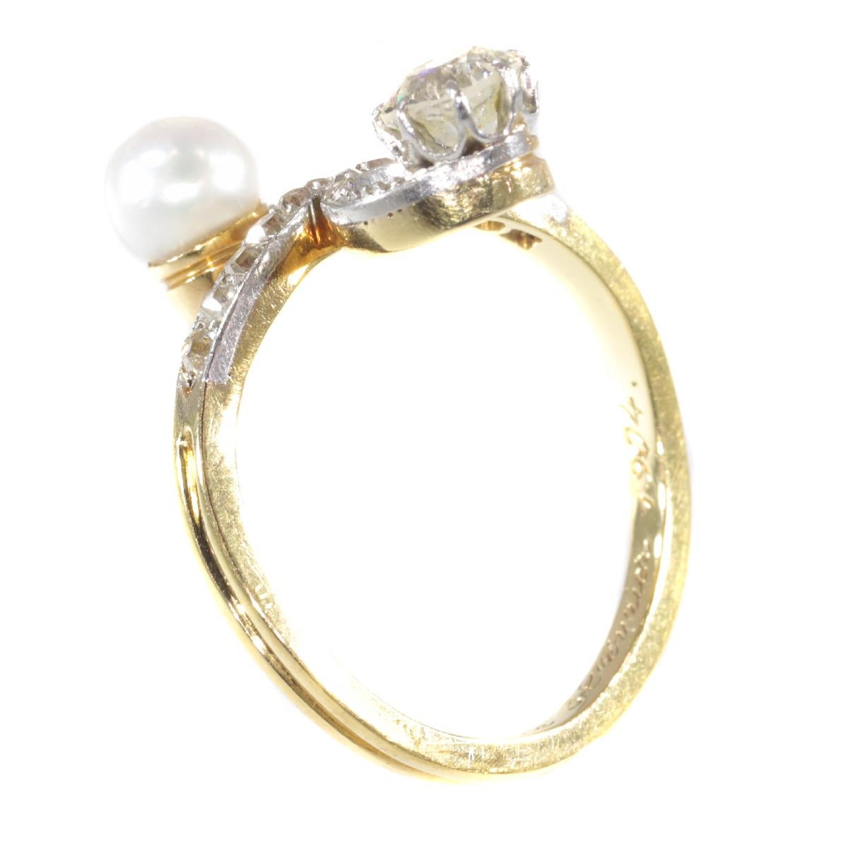 Women's Elegant Belle Epoque Diamond and Pearl Engagement Ring so Called Toi et Moi For Sale
