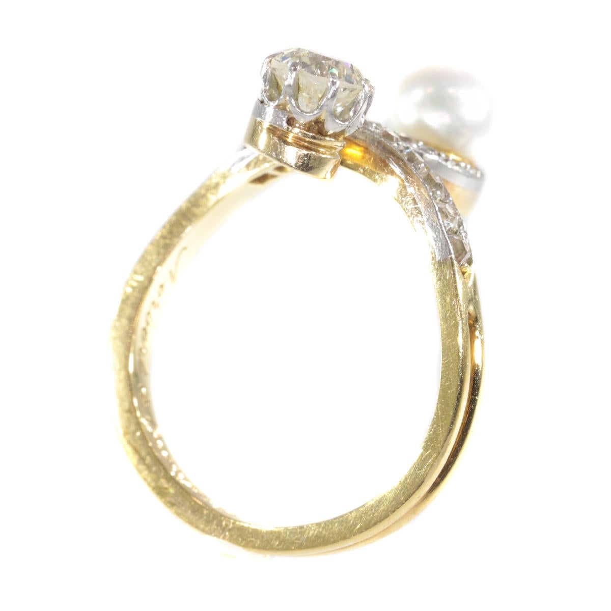 Elegant Belle Epoque Diamond and Pearl Engagement Ring so Called Toi et Moi For Sale 1