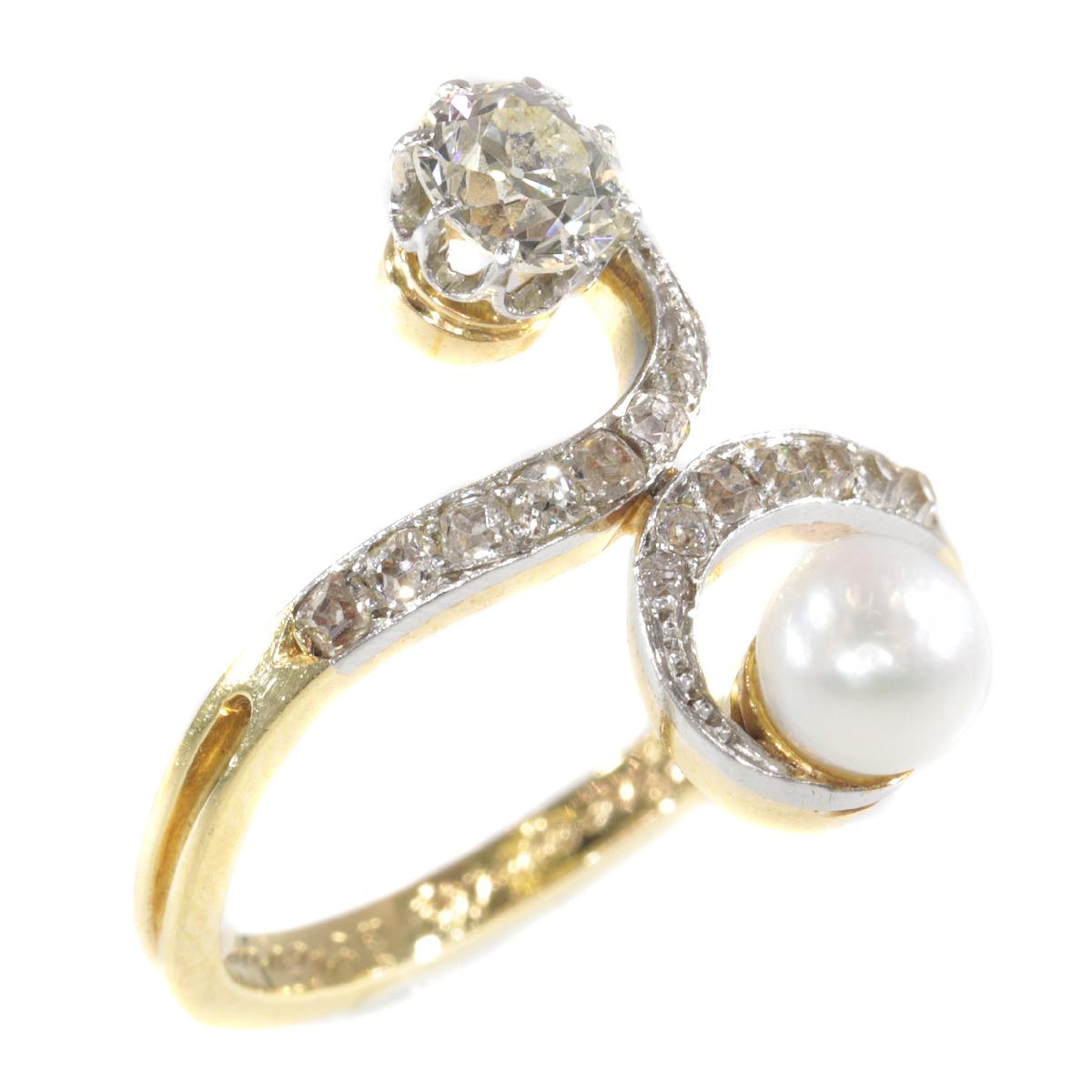 Elegant Belle Epoque Diamond and Pearl Engagement Ring so Called Toi et Moi For Sale 2