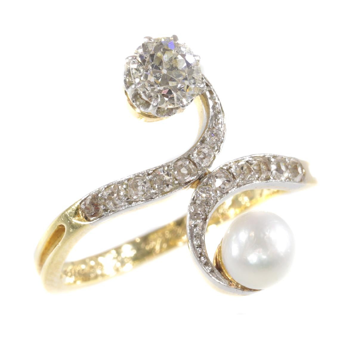 Elegant Belle Epoque Diamond and Pearl Engagement Ring so Called Toi et Moi For Sale 3