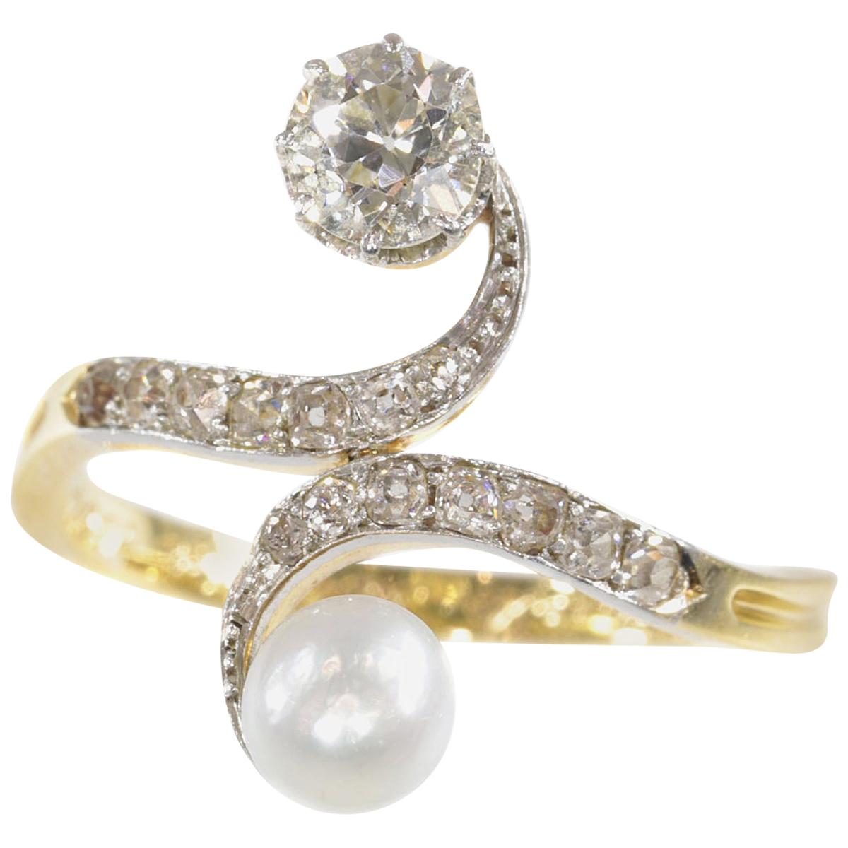 Elegant Belle Epoque Diamond and Pearl Engagement Ring so Called Toi et Moi For Sale