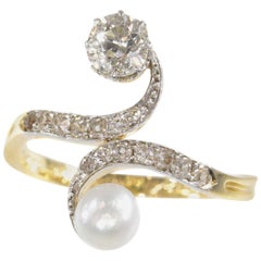 Antique Elegant Belle Epoque Diamond and Pearl Engagement Ring so Called Toi et Moi
