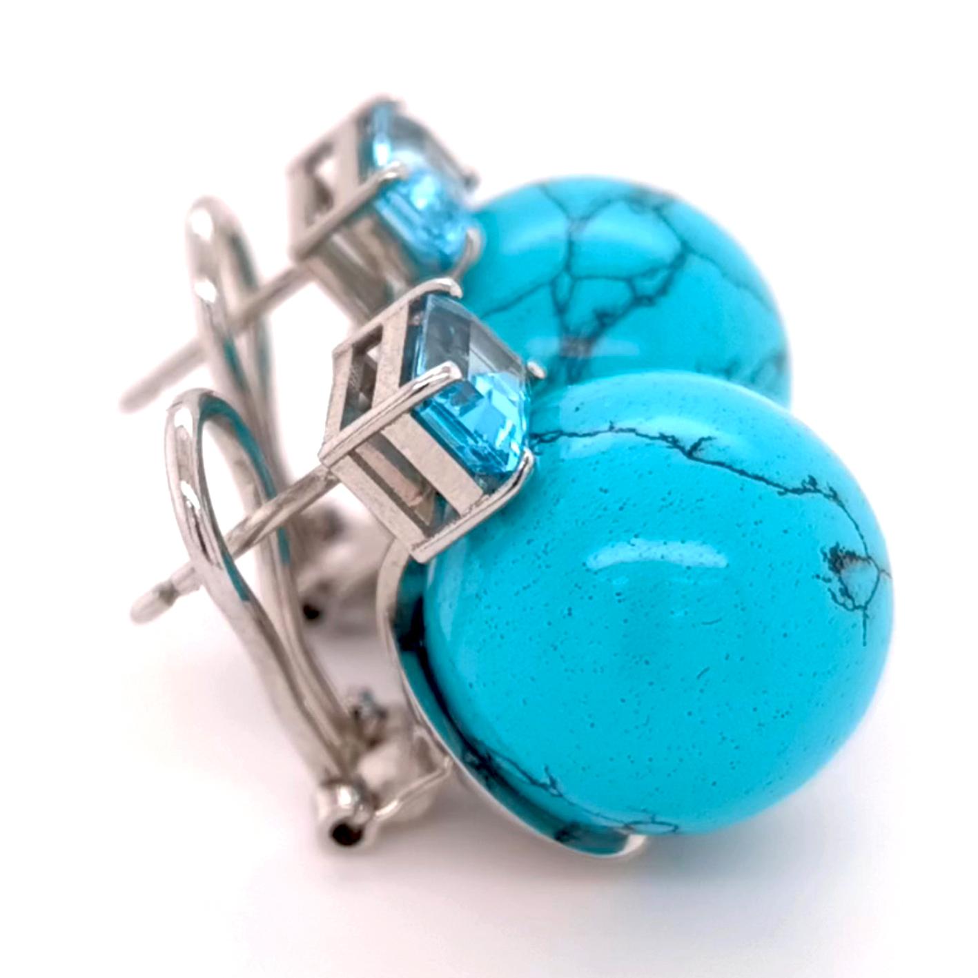 Elegantes pendientes BERCA de Turquesa Arizona, Topacios azules y oro blanco Corte esmeralda en venta