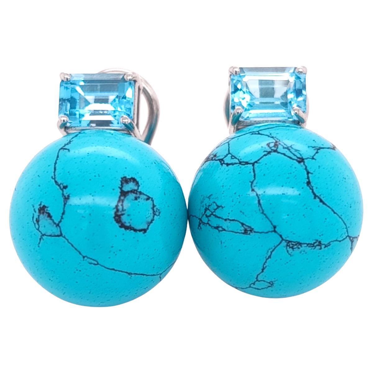 Elegantes pendientes BERCA de Turquesa Arizona, Topacios azules y oro blanco en venta