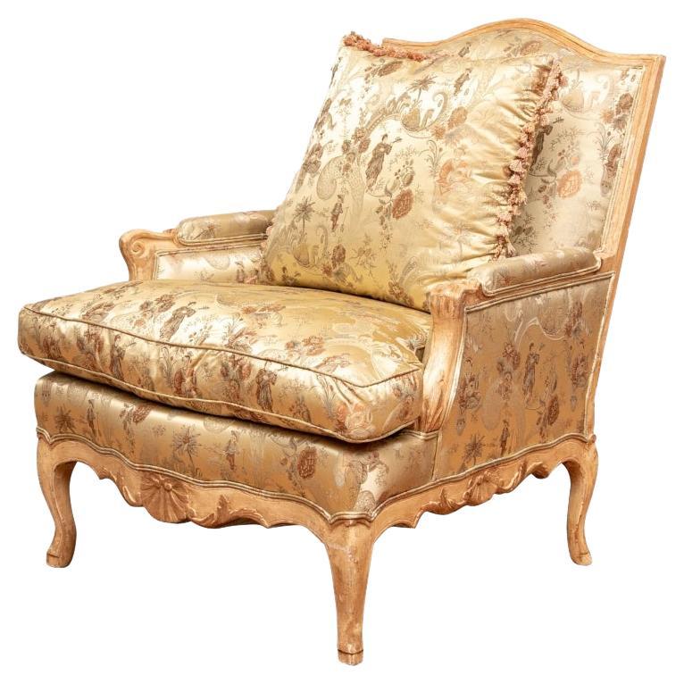 Elegant Bergere Chair with Chinoiserie Print Silk Upholstery For Sale