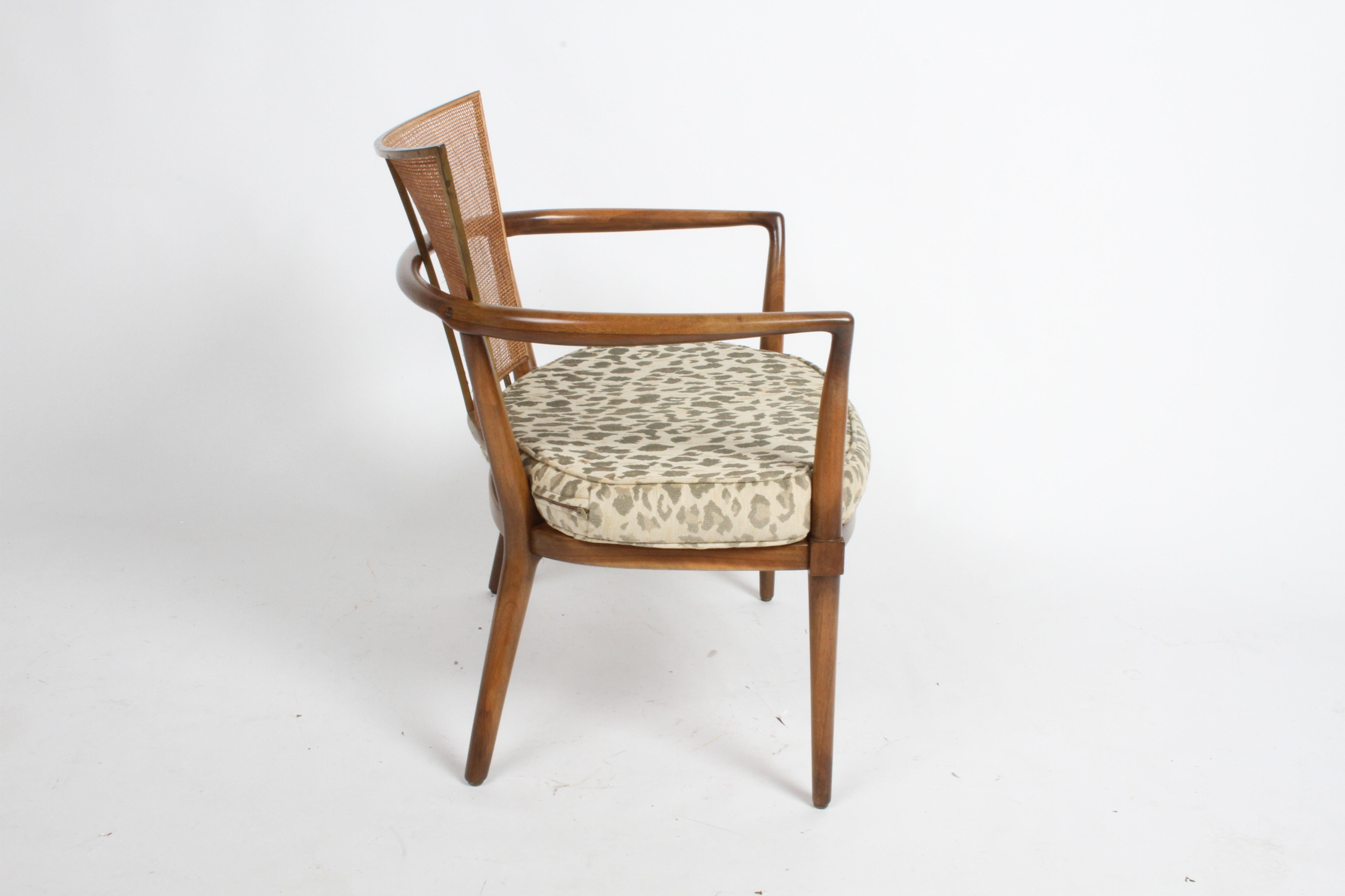 American Elegant Bert England Mid-Century Lounge Chair with Walnut, Brass and Cane Back