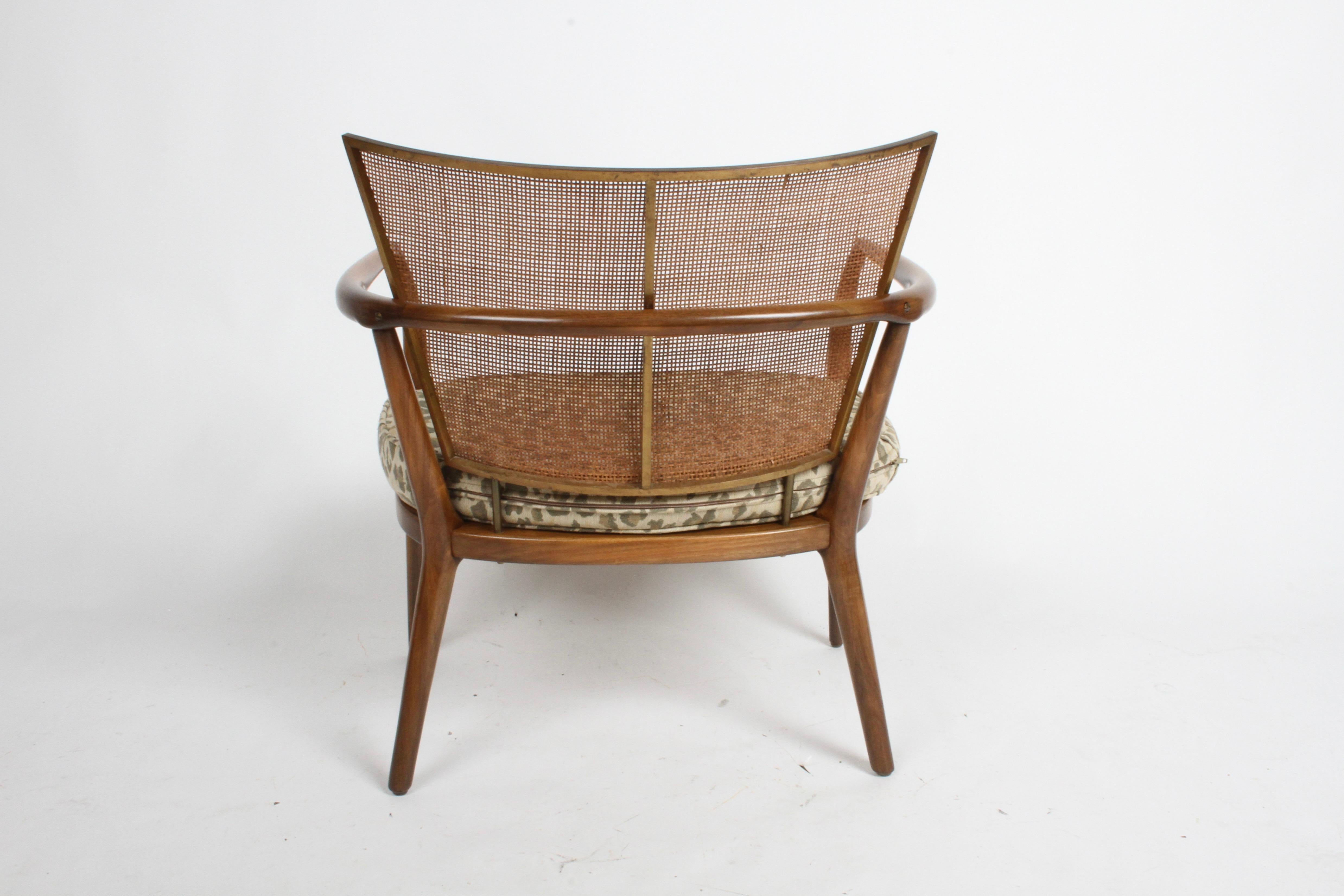 Mid-20th Century Elegant Bert England Mid-Century Lounge Chair with Walnut, Brass and Cane Back